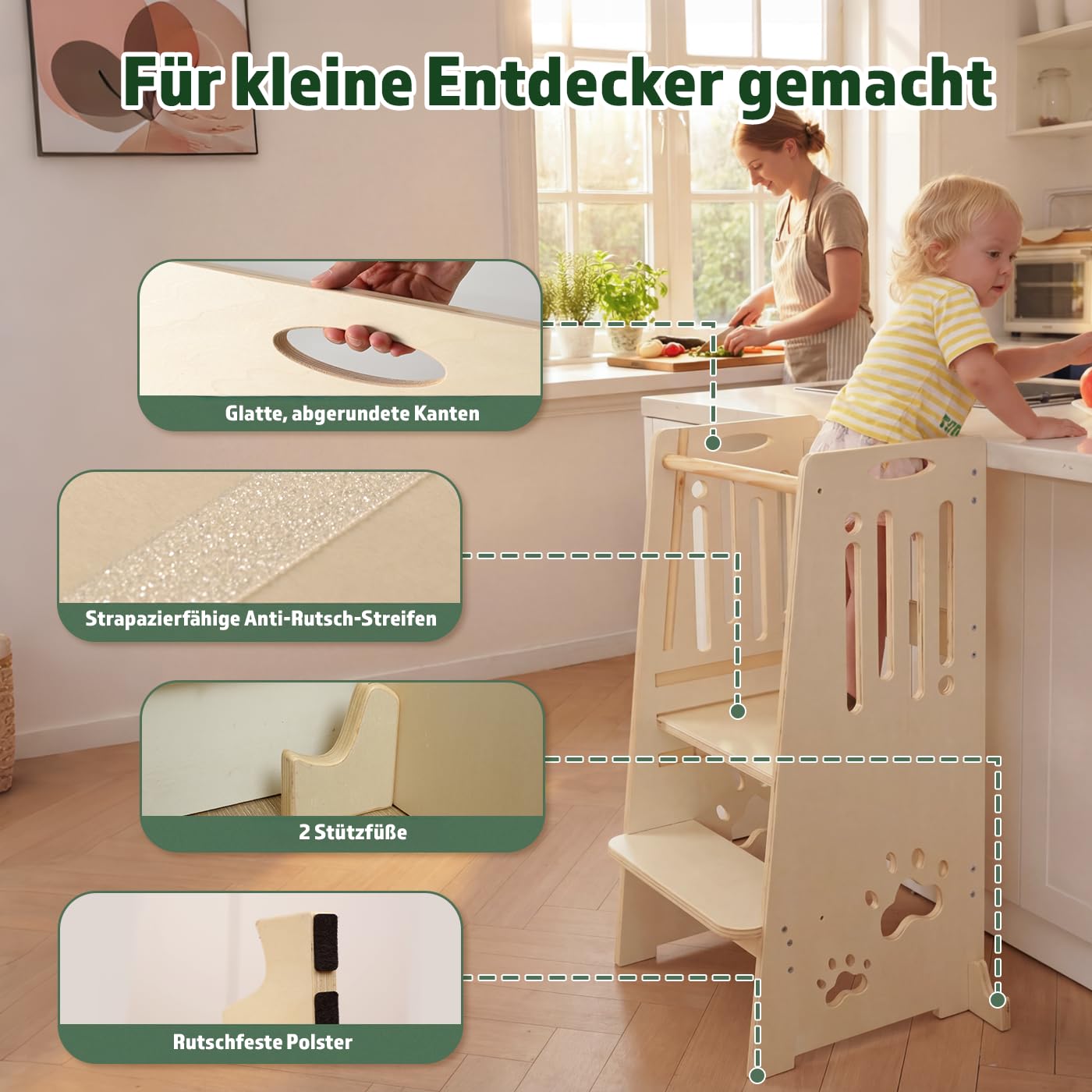 Marke: FUN KEKEKE Kleinkind Tritthocker Kinderhocker, Toddler Tower & Lernhocker mit Sicherheitsbarriere, Kippschutz und Sicherheitsfüßen – Sicher & Stabil, höhenverstellbar für Kinder ab 1 Jahr(Naturfarbe) in use