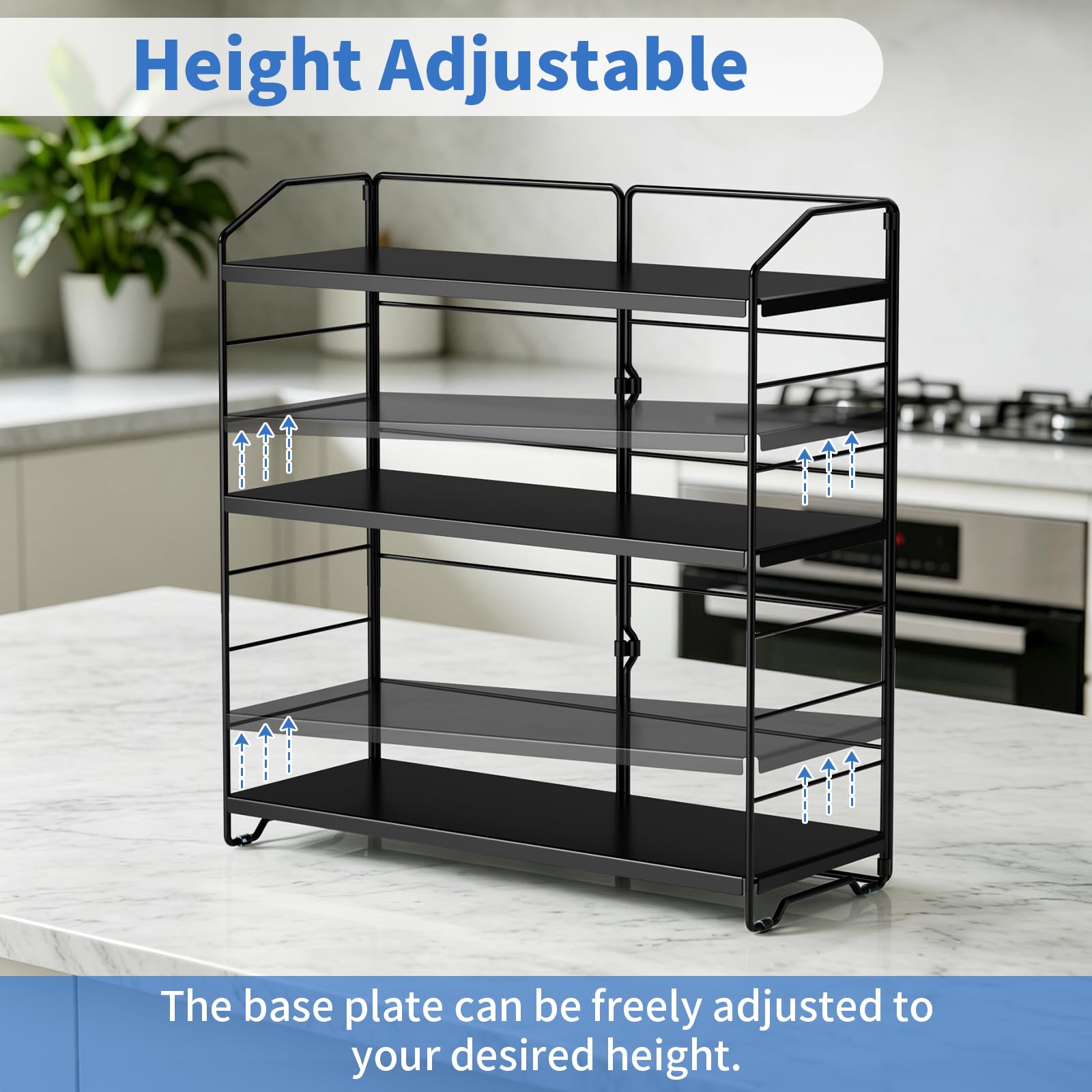 Estante de especias de 3 niveles, organizador de especias independiente, estante de especias de altura ajustable, estante de almacenamiento de condimentos de metal para encimera de cocina