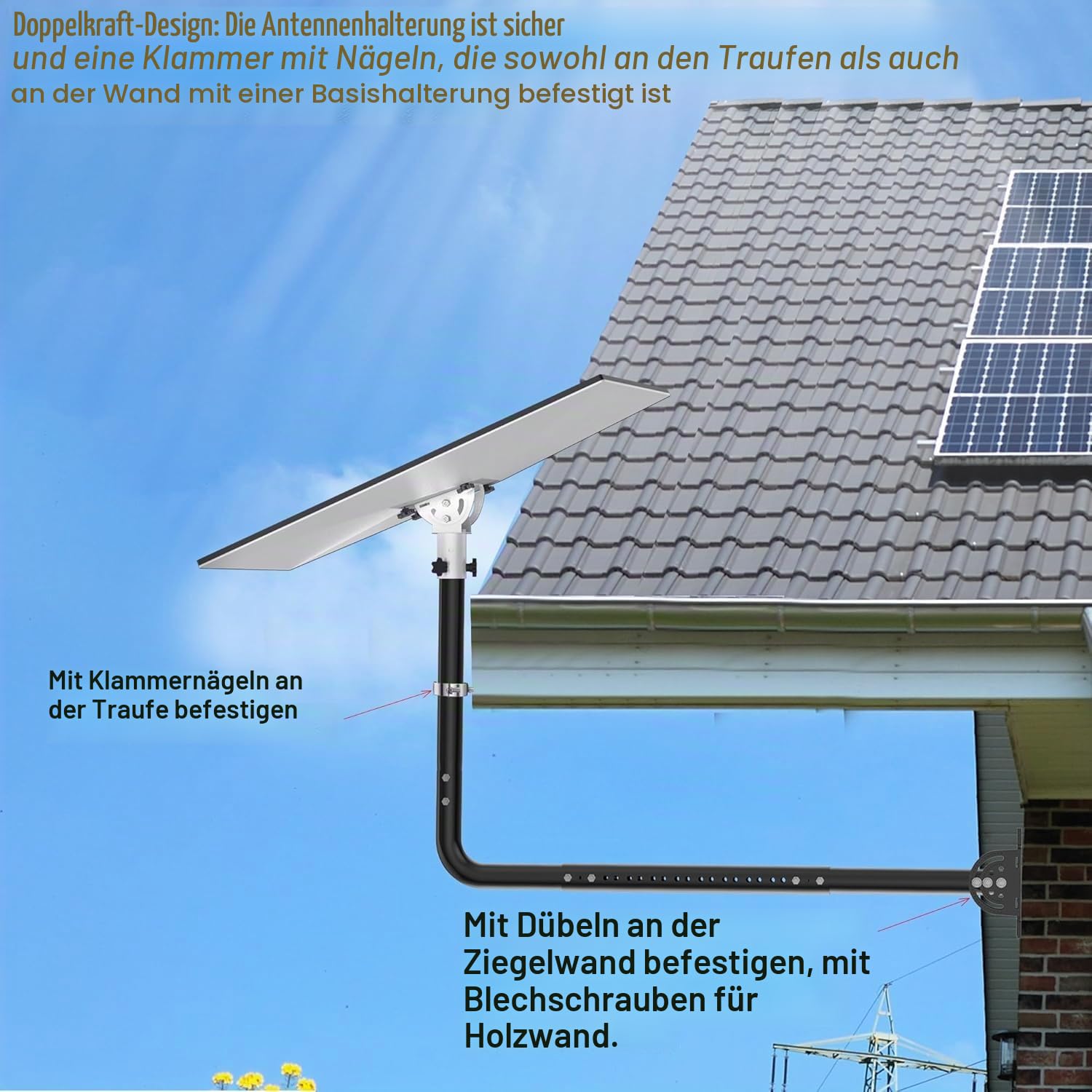 Verstellbare Antennen-Wandhalterung mit 90-Grad-Ellenbogen, Verlängerungsrohr und Befestigungsmuttern, geeignet für externe TV-Antennen und Starlink WiFi-Verstärker, Schwarz