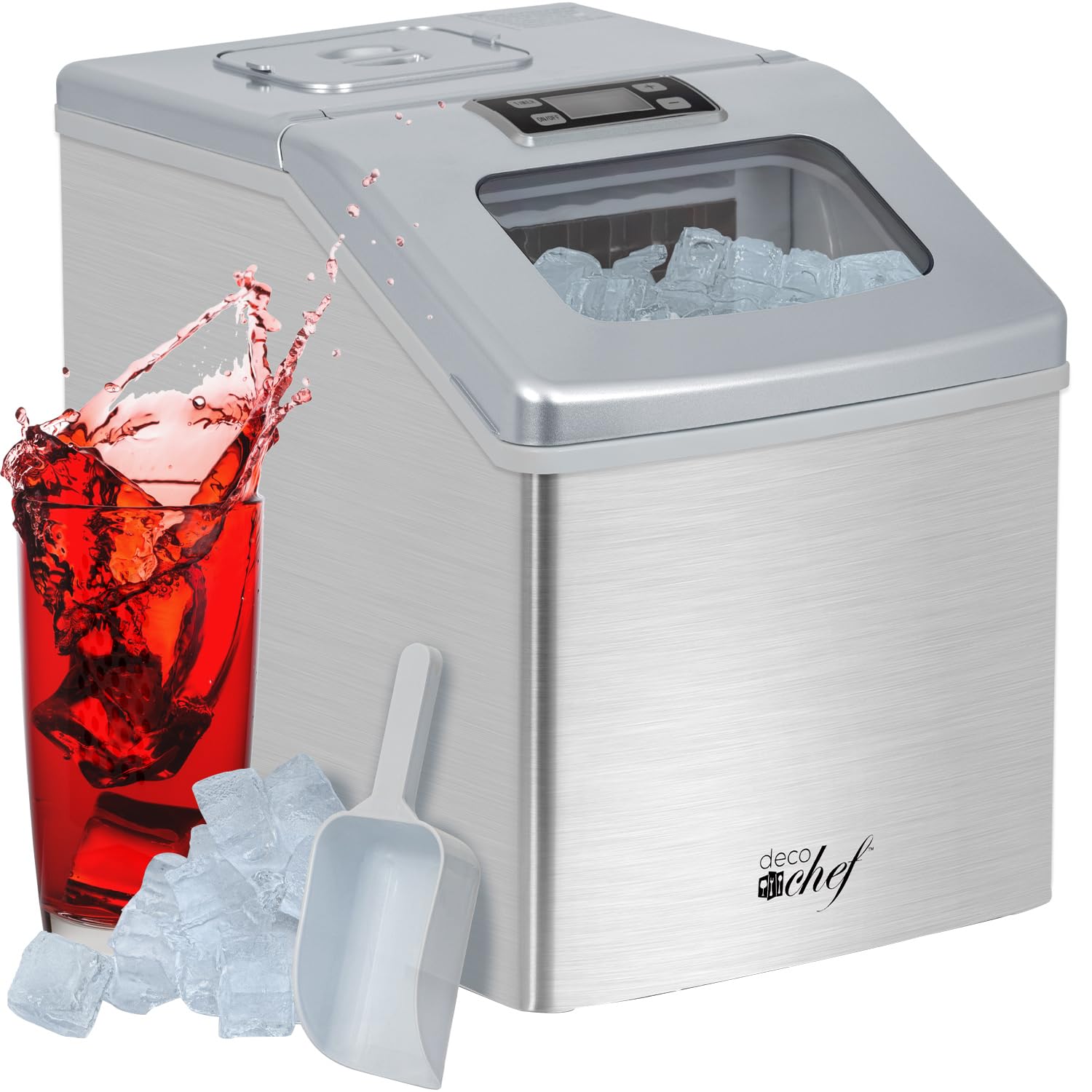 Deco Chef Countertop Ice Maker 40LB/24H, 24 Full Cubes Every 15 Minutes, Adjustable Size, Digital Control and Timer, Self-Cleaning, EZ Access Flip Lid, Scoop Included, Stainless Steel | Fridge.com