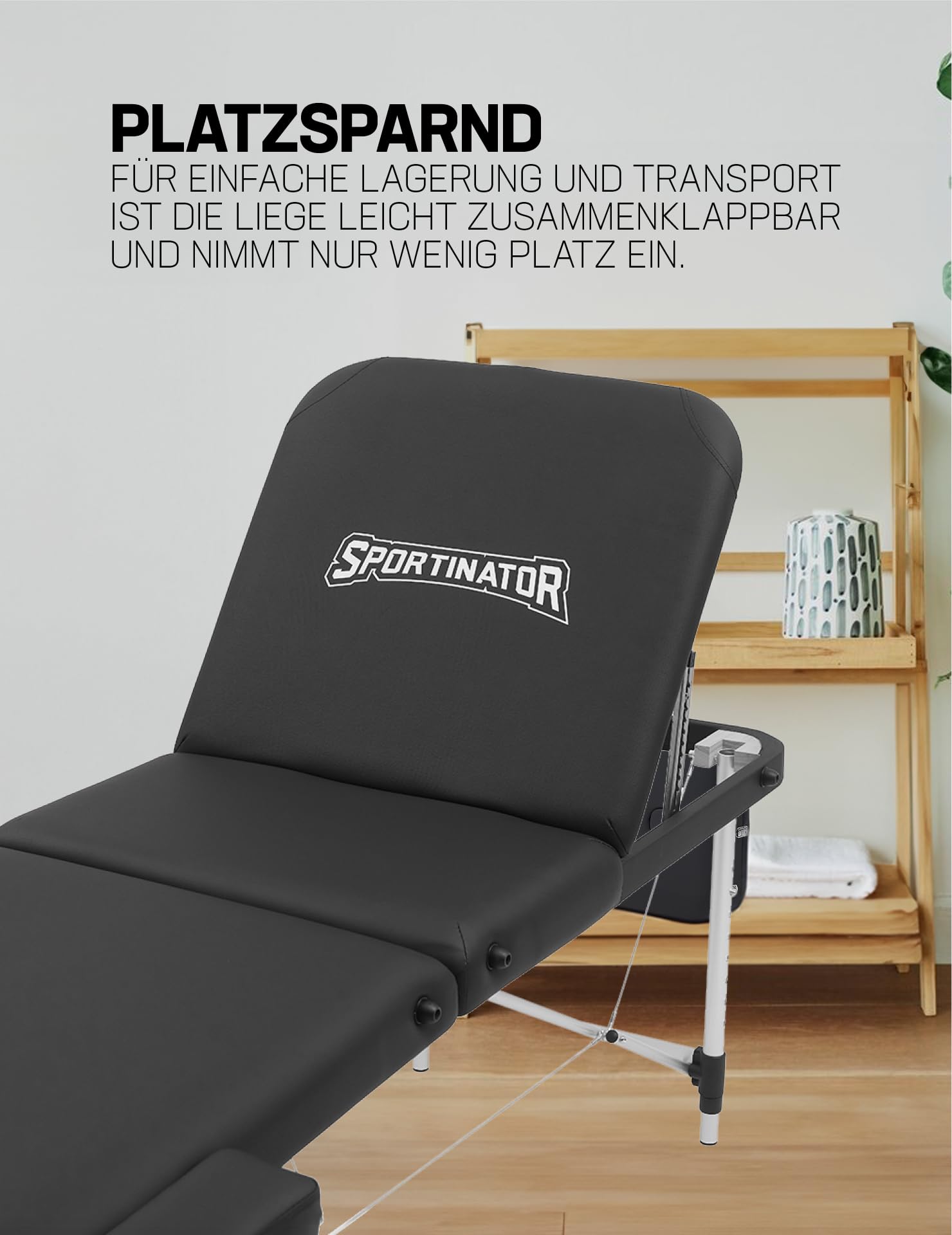 SPORTINATOR® Premium 3 Zonen Massageliege, angenehmer Liegekomfort durch 4 cm Polsterung, Flexible Höhenverstellung durch Rastknöpfe, belastbar bis ca. 180 kg (schwarz)