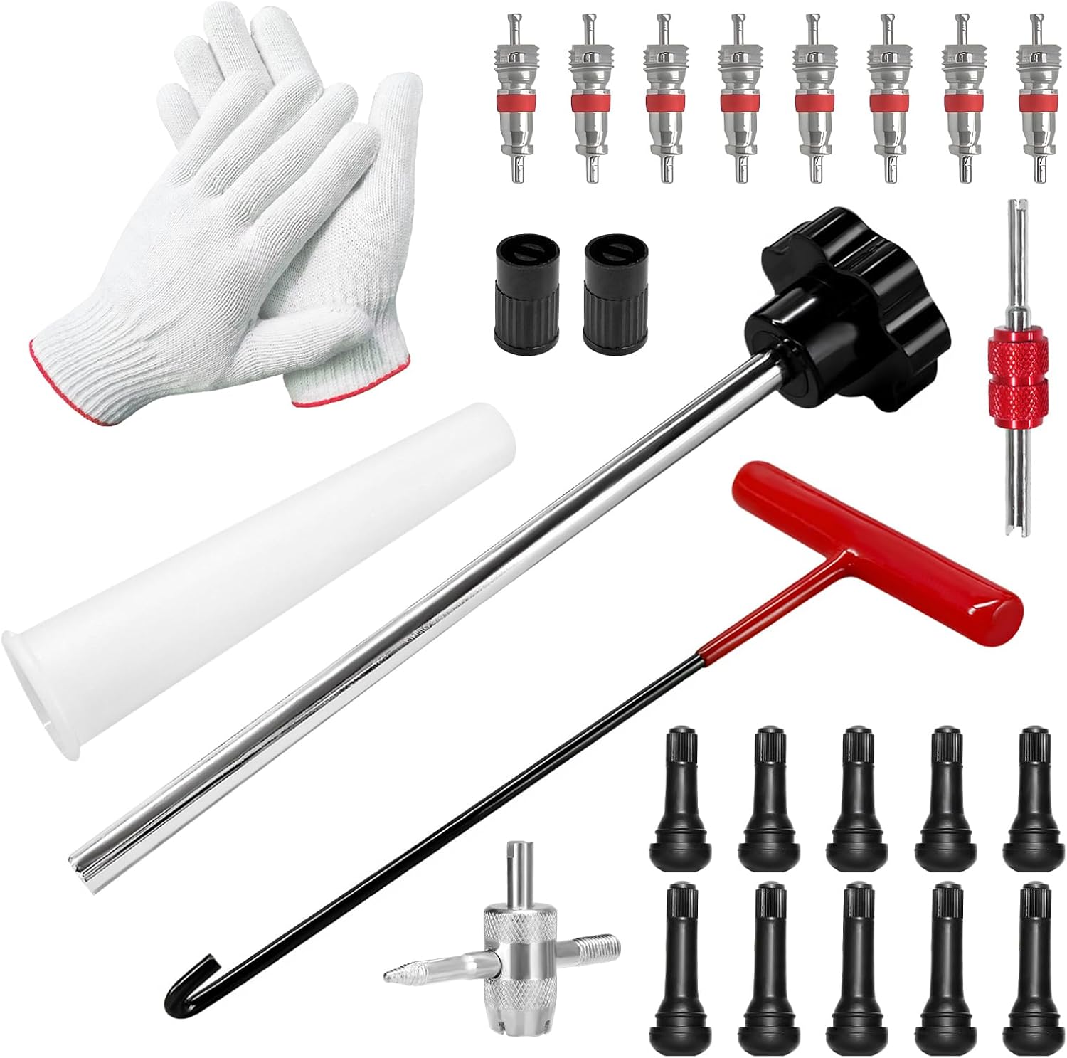 25PCS Valve Stem & Core Removal Replacement Tool Kit, Heavy Duty Tire Core Removers with 5 TR413/5 TR414 Stems, Valve Cores Stems Caps Removal Tool Kit for Car Motorcycle ATV