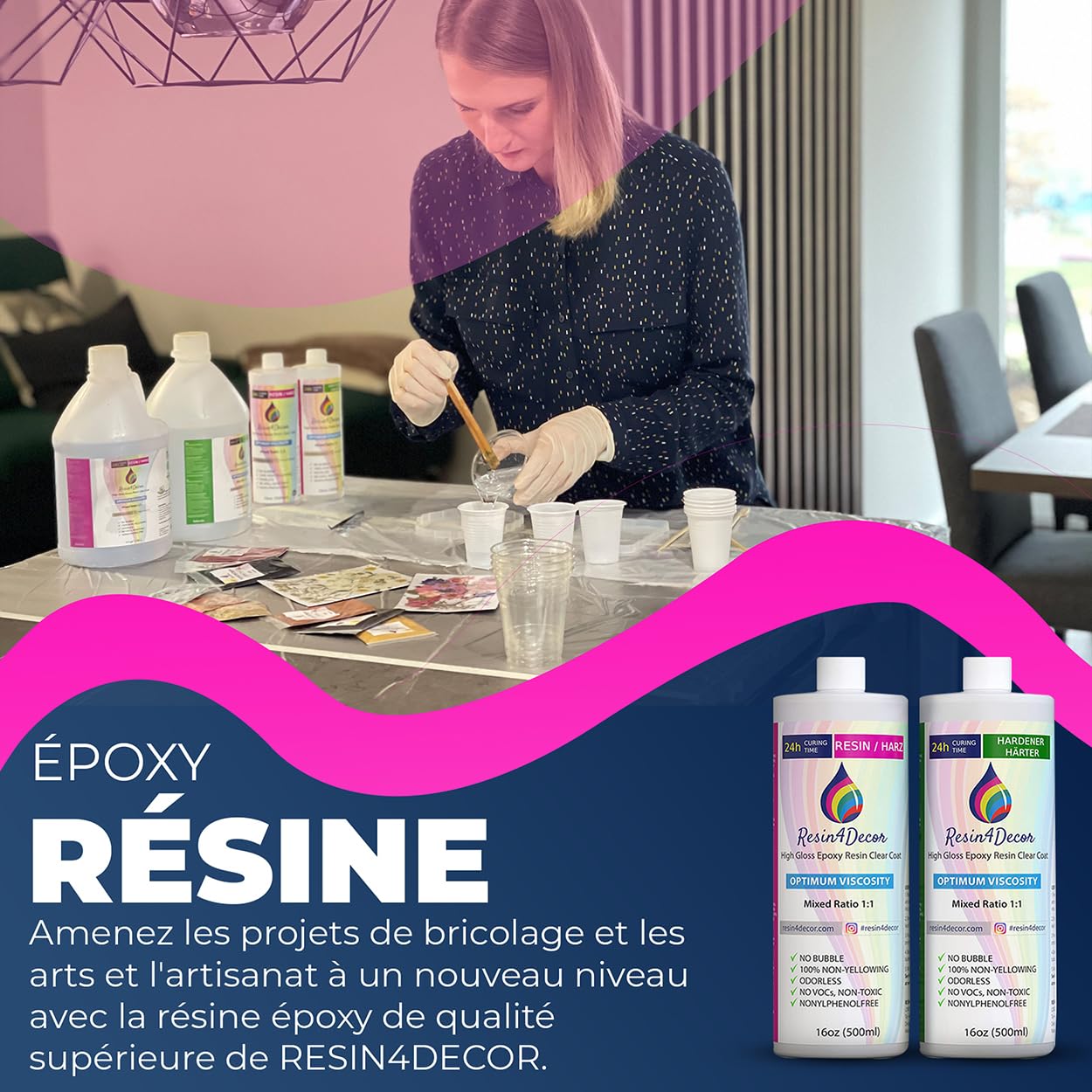 Resine Epoxy Ultra Transparente RESIN4DECOR 1:1 - Parfaite pour l’artisanat et l'art Fabrication de bijoux et de moules - Non jaunissant et non toxique - Durcissement en 12-24h - Inodore - 1000ml