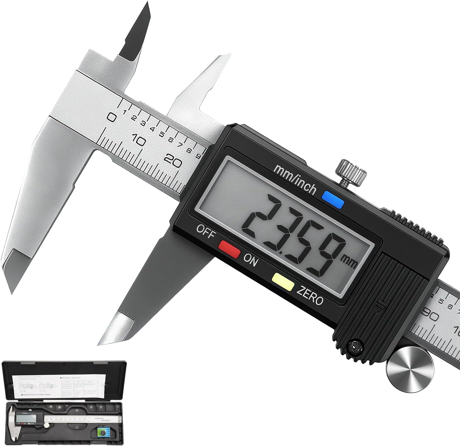 Caliper Measuring Tool, Qfun Vernier Digital Caliper Stainless Steel 6 Inch/150mm, Digital Micrometer Waterproof, Easy Switch from Inch to Millimeter, Large LCD Screen