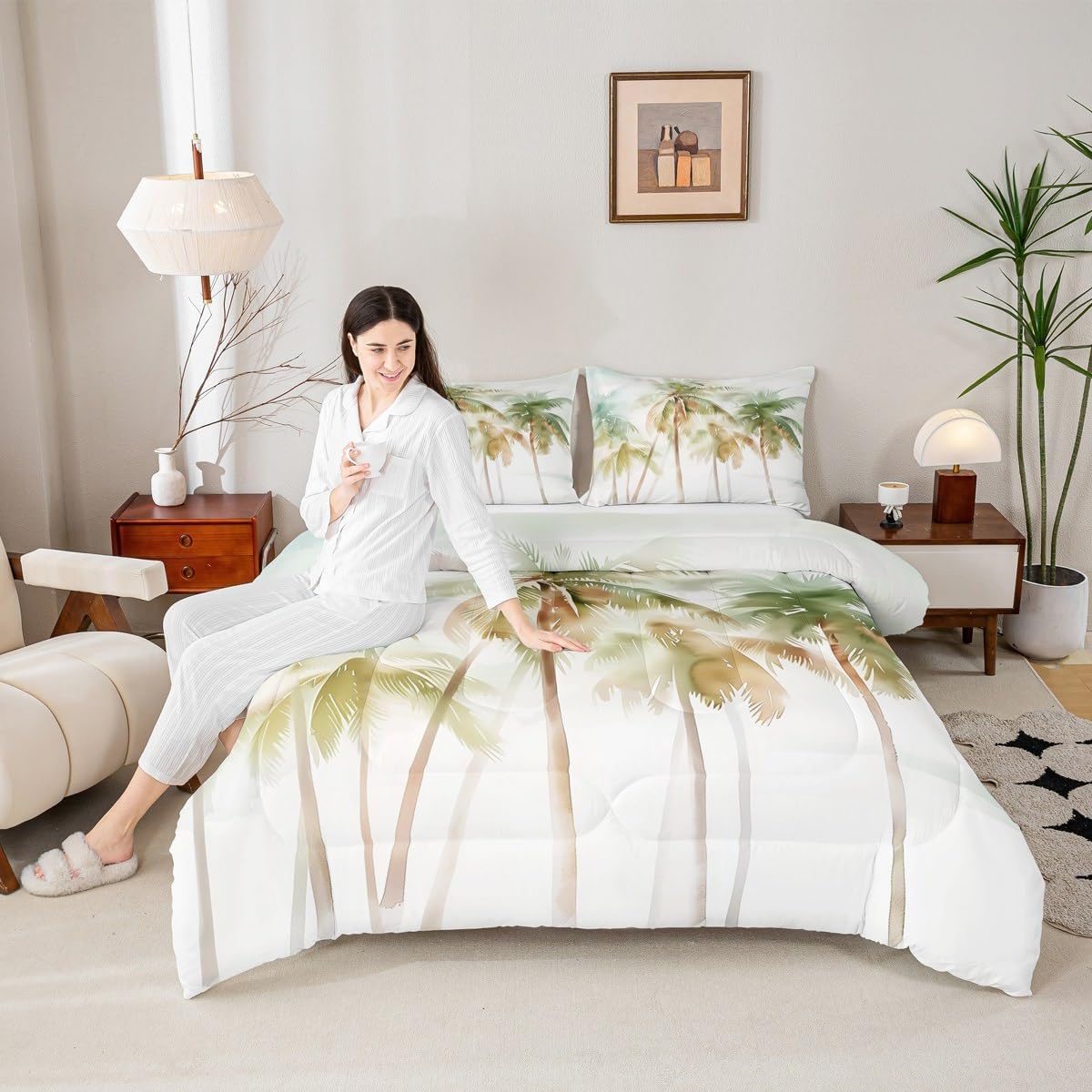 Feelyou Boys Girls Palm Tree Print Bedding Set Queen Size, Palm Leaf Comforter Set Botanical Nature Theme Comforter Kids Hawaiian Tropical Island Teens Duvet Set Bedroom Decor Microfiber Bed Set