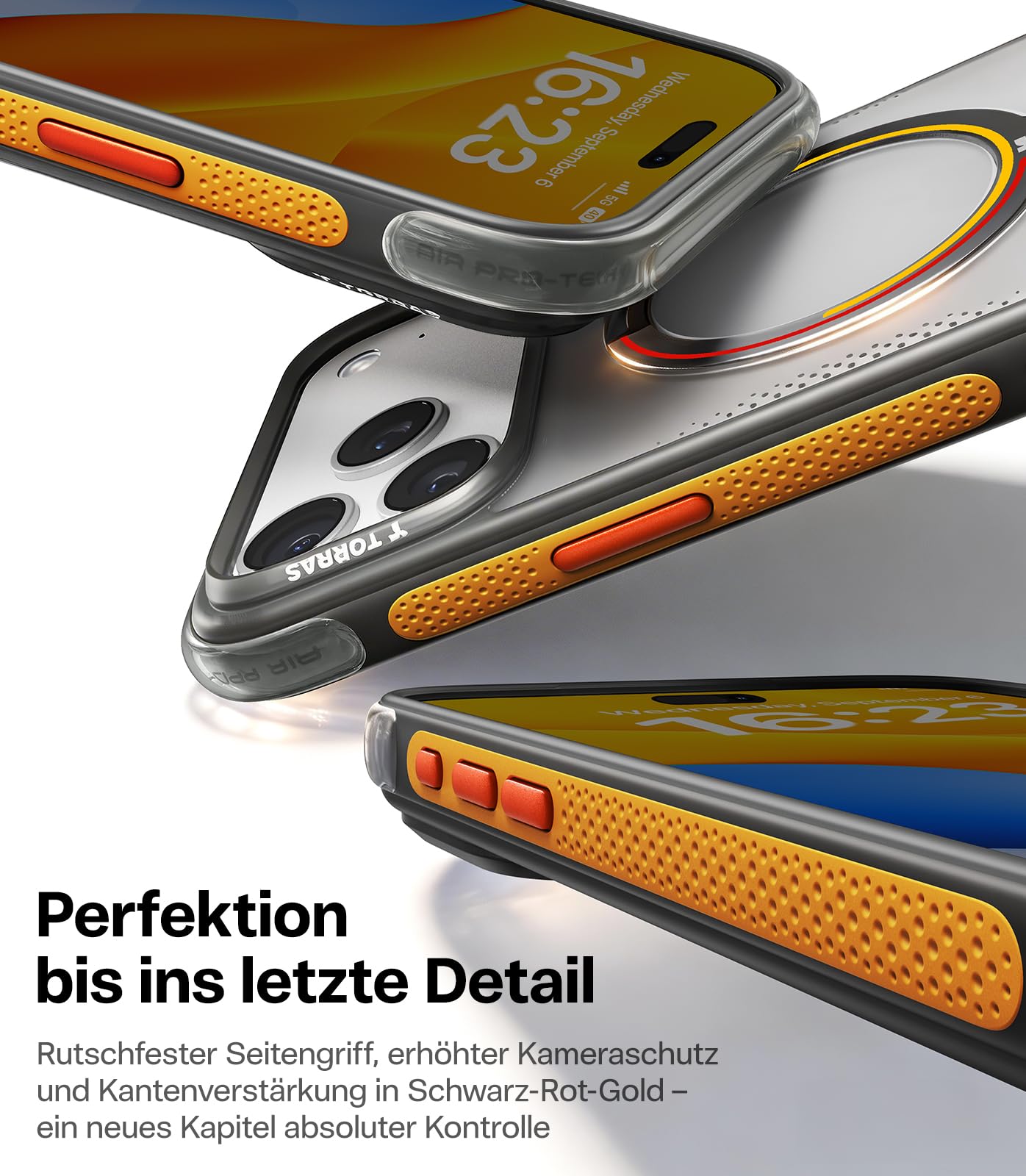 TORRAS Q3 Air 2026 Fußball Limitierte Auflage für iPhone 17 Pro Max hülle mit echtem Airbags Doppelter Schutz & 360° Magnetischer Robust Ständer, Iron