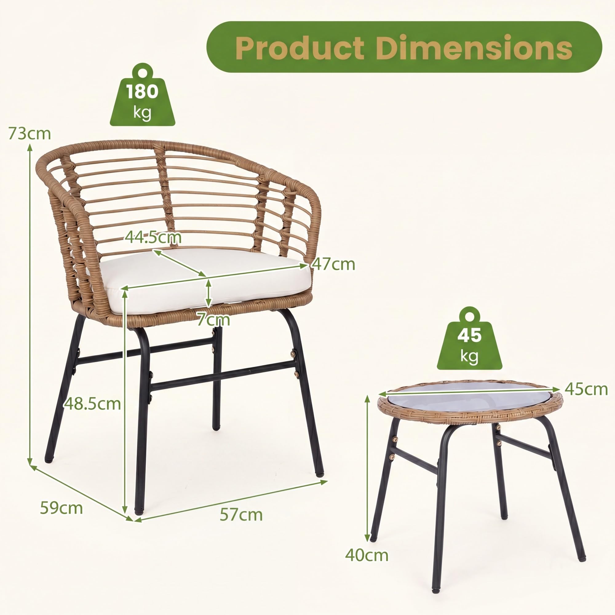 LIFEZEAL Ensemble de Jardin 3 Pièces pour 2 Personnes, Mobilier Extérieur Balcon avec 2 Chaises et 1 Table d’Appoint, 57 x 59 x 73 cm