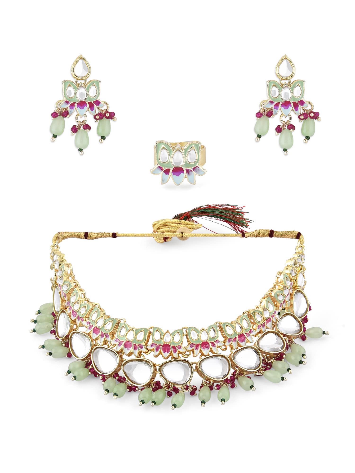 ZAVERI PEARLS Green & Pink Meenakari Lotus Kundan Necklace Earring & Ring Set For Women-ZPFK15197 (B0BRNCZT64) Amazon Price History, Amazon Price Tracker