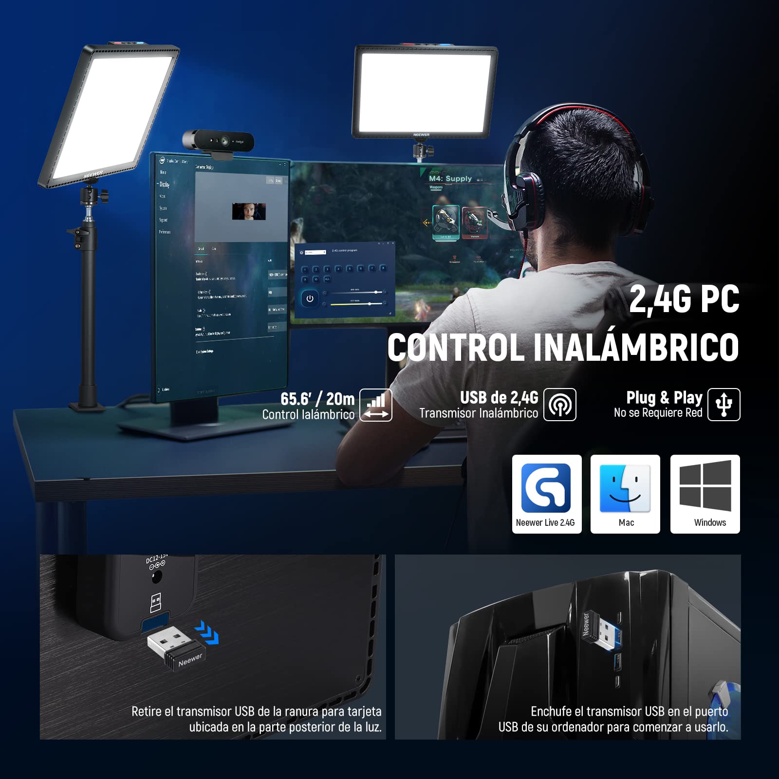 NEEWER GL1 Pro 15,5" Key Light Luz para Streaming, Luz Video con 2.4G PC y iOS Android App Control, 2800 Lúmenes, Sopporte de Escritorio, Compatible con Elgato Stream Deck para Gaming/Zoom, Negro