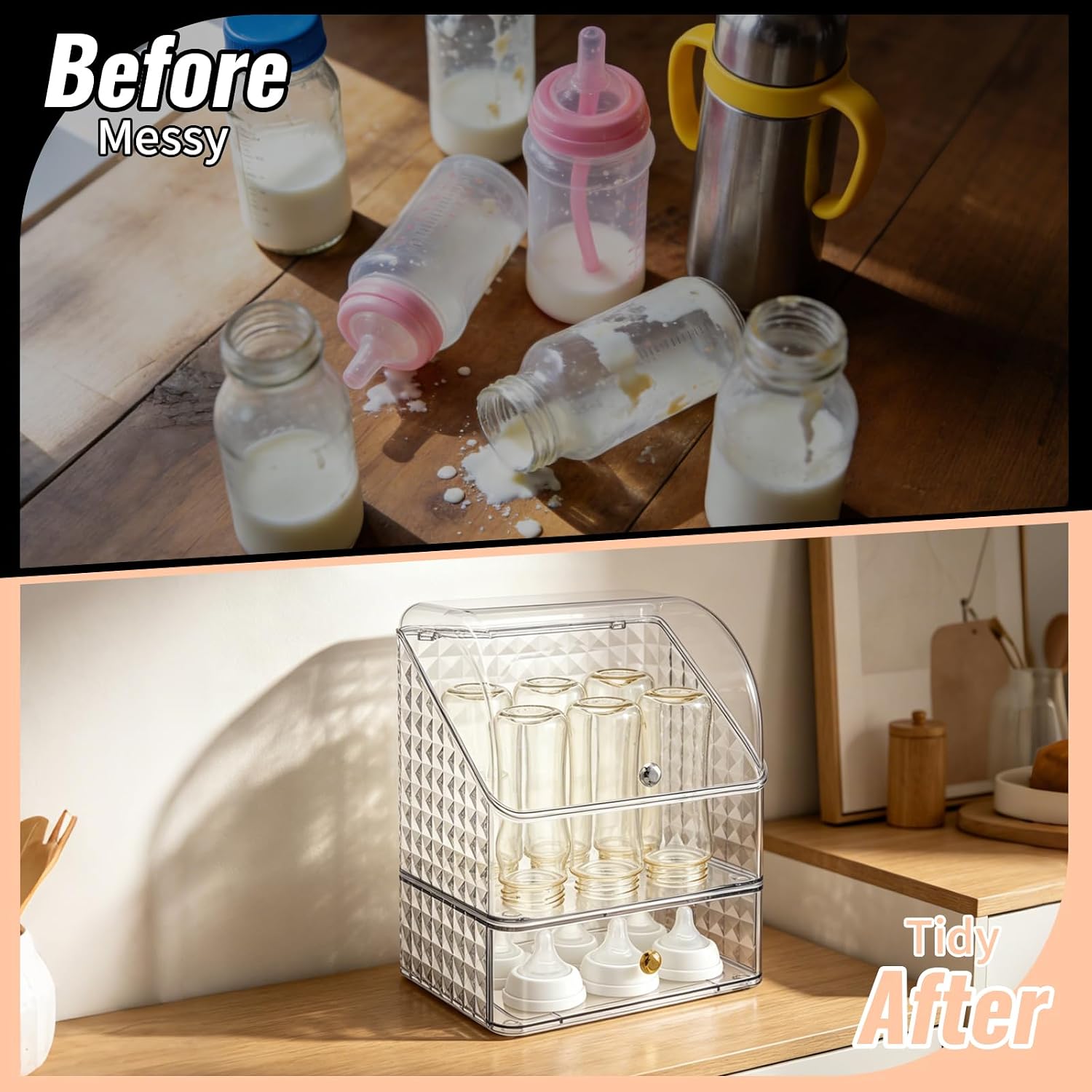 Flip-Top Bottle Organizer for 6 to 8 Bottles Clear Plastic Storage Drawer Stackable Transparent Storage Box Multi-Purpose Organizer Kitchen Bathroom Cabinet Countertop