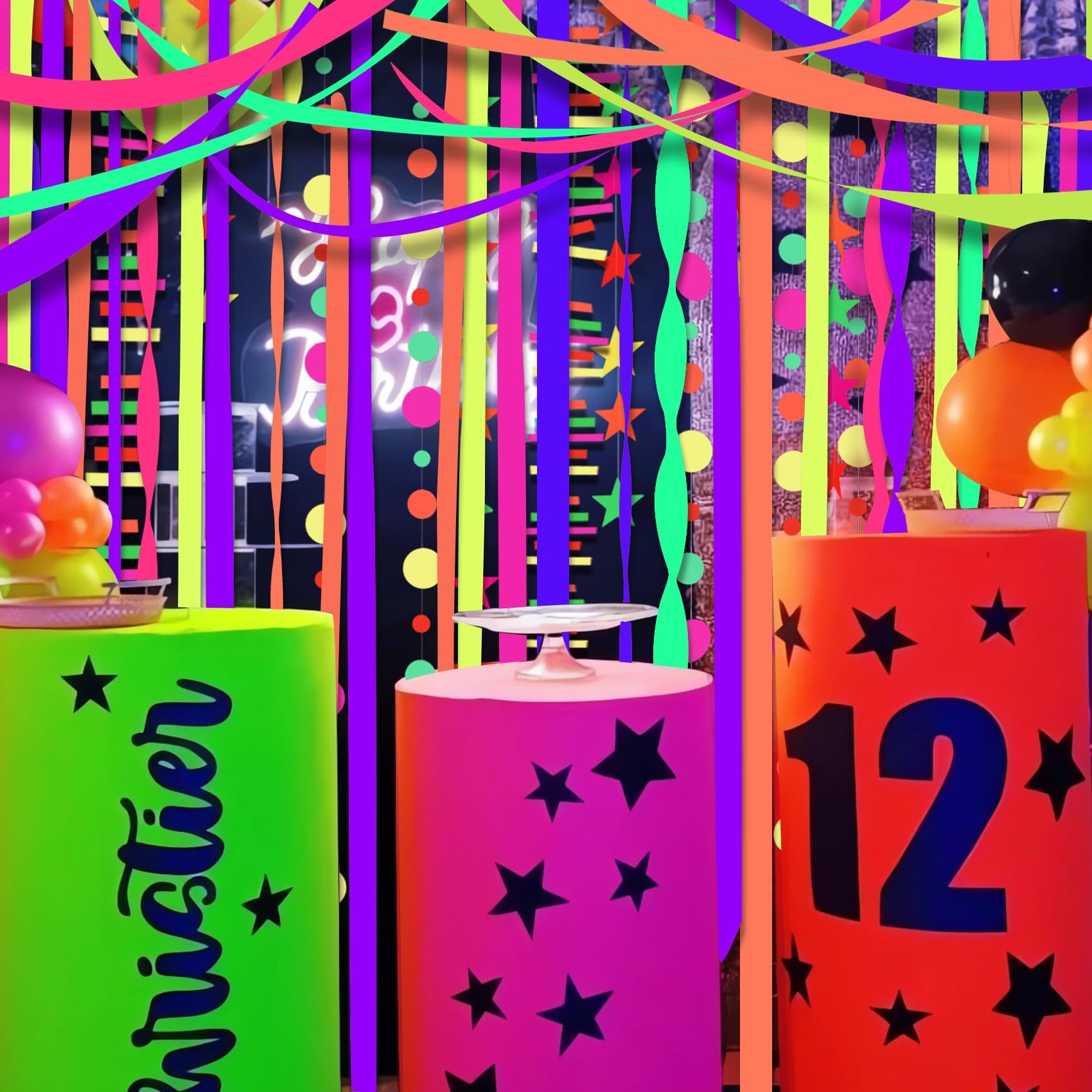 65 Pack Glow Neon Birthday Party Supplies - Neon Glow in the Dark Birthday Banner, Neon Cupcake Toppers, Neon Stars Hanging Swirls, Neon Tablecloth Neon Party Decorations