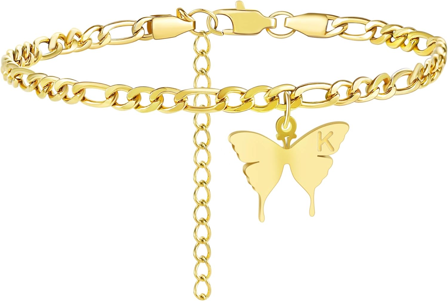 TONY & SANDY Ankle Bracelets for Women – Initial Butterfly Anklet for Women Stainless Steel Figaro Chain Summer Beach Waterproof Foot Jewelry Gifts, Gold/Silver