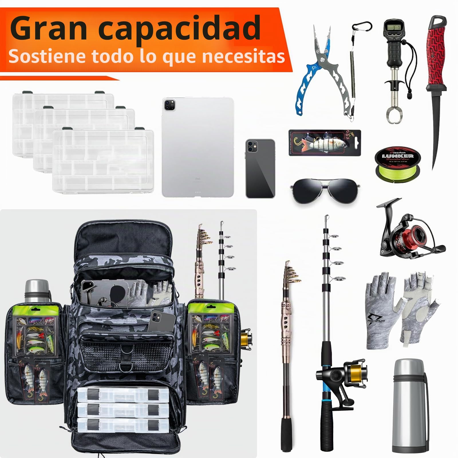 Hap Tim 42L Angel Mochila con 2 Varilla Titular Multi-Bolsillo Grande Bolsillo de Pesca Equipamiento Accesorios con Separador extraíble Día del Padre Navidad Regalos de los Hombres (FB-2308-CM-EU)