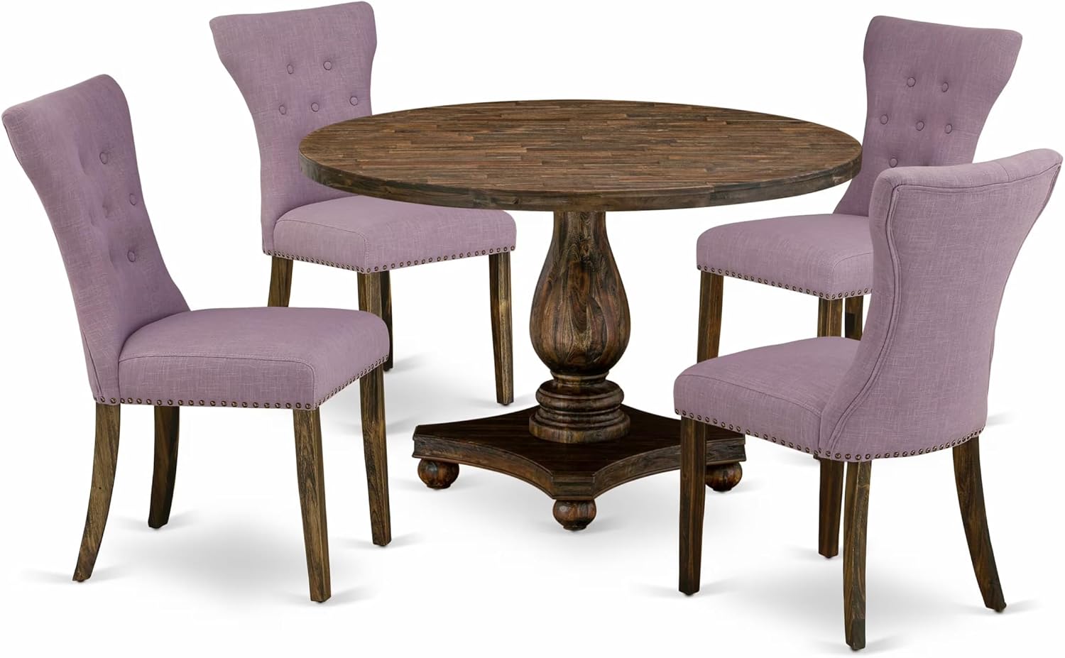 East West Furniture I2GA5-740 5 Piece Dinette Set for 4 Includes a Round Dining Room Table with Pedestal and 4 Dahlia Linen Fabric Upholstered Parson Chairs, 48x48 Inch, Distressed Jacobean