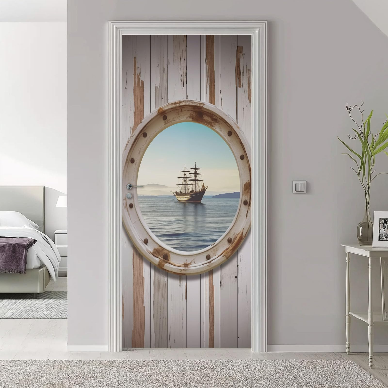 Vintage naklejka na drzwi okno łódź 95 x 215 cm plakat na drzwi naklejki ścienne, samoprzylepna naklejka ścienna deski żaglowe ocean, do sypialni, salonu, kuchni, łazienki, jasnoszary