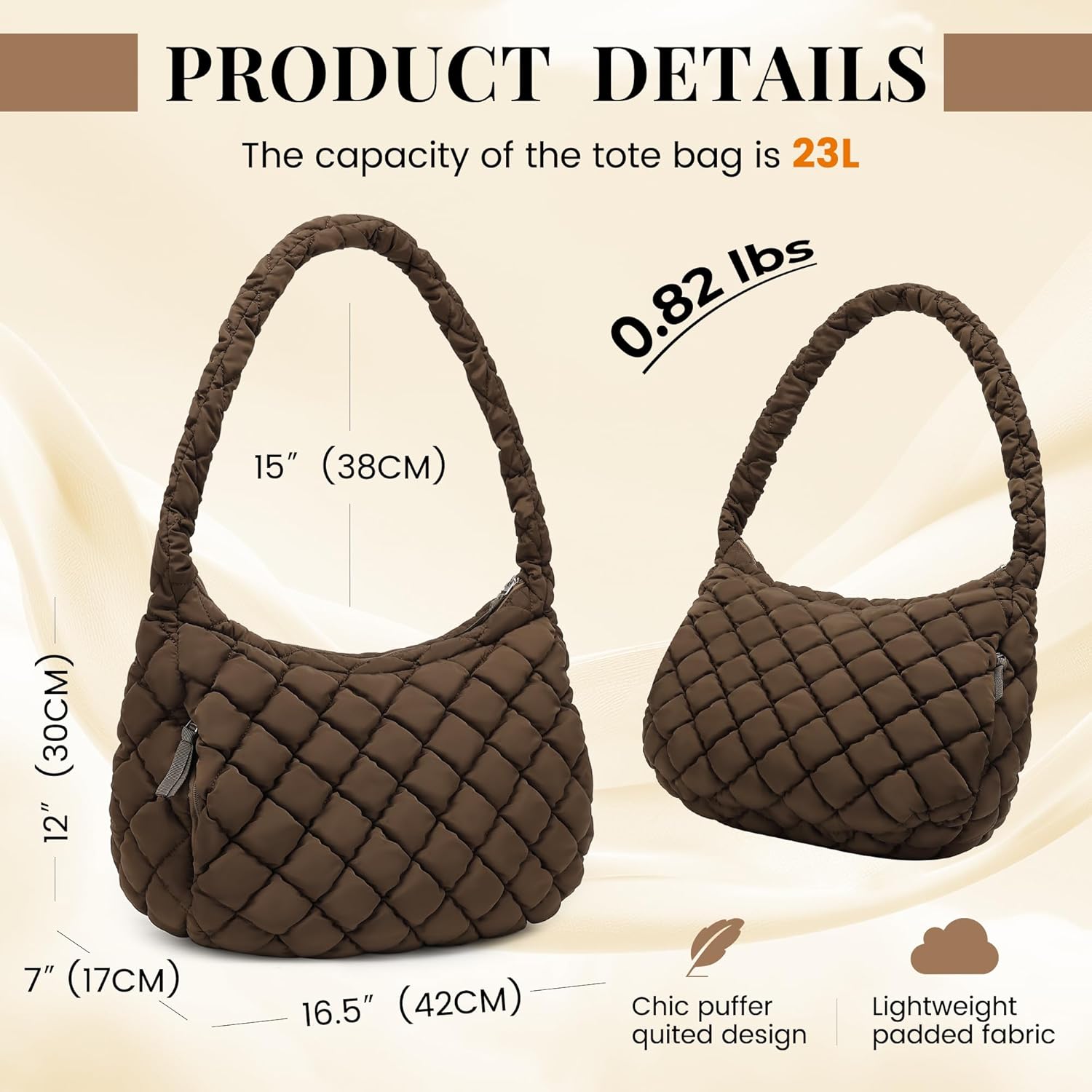 Tote Bag for Women, Large Puffer Bag and Work Bags with Zipper, Quilted Tote Bag for Travel, Daily, Work, Gym, Beach - Image 3