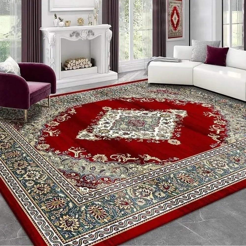 Tapis rouge vintage pour salon sans poils facile à entretenir