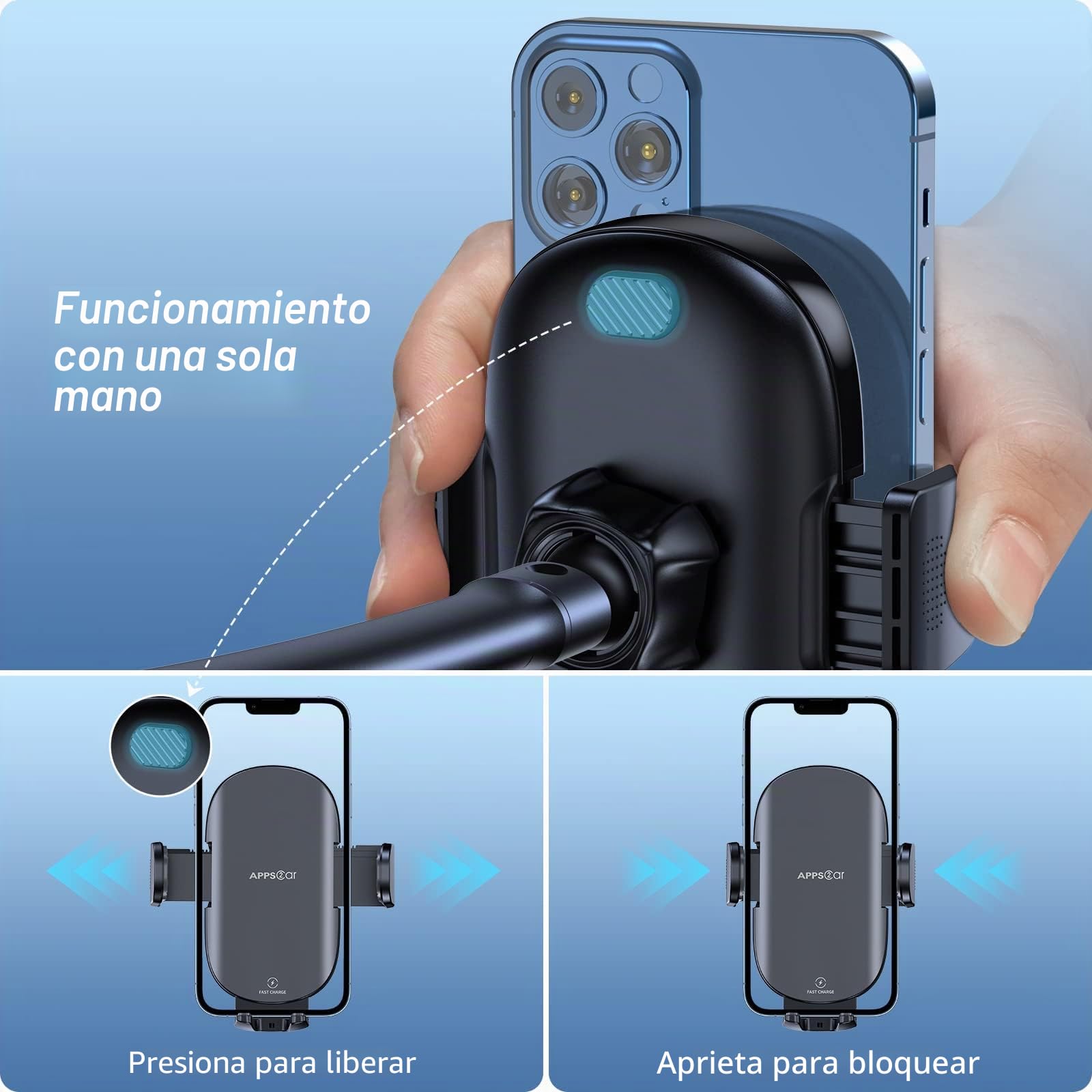 APPS2Car 15W Qi Cargador Inalámbrico Coche, Soporte Móvil Coche Cargador Inalámbrico para Ventosa Parabrisas Rejilla Aire, Compatible con iPhone 14/13/12 Samsung Galaxy etc(Cargador QI Incluido)