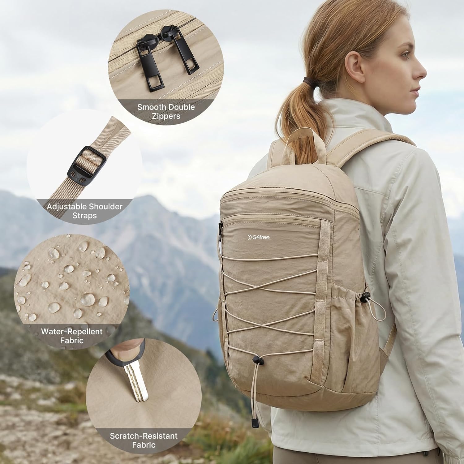 G4Free Hiking Backpack for Women Men 20L Lightweight Travel Backpacks Daypack Outdoor Daily Camping, Khaki