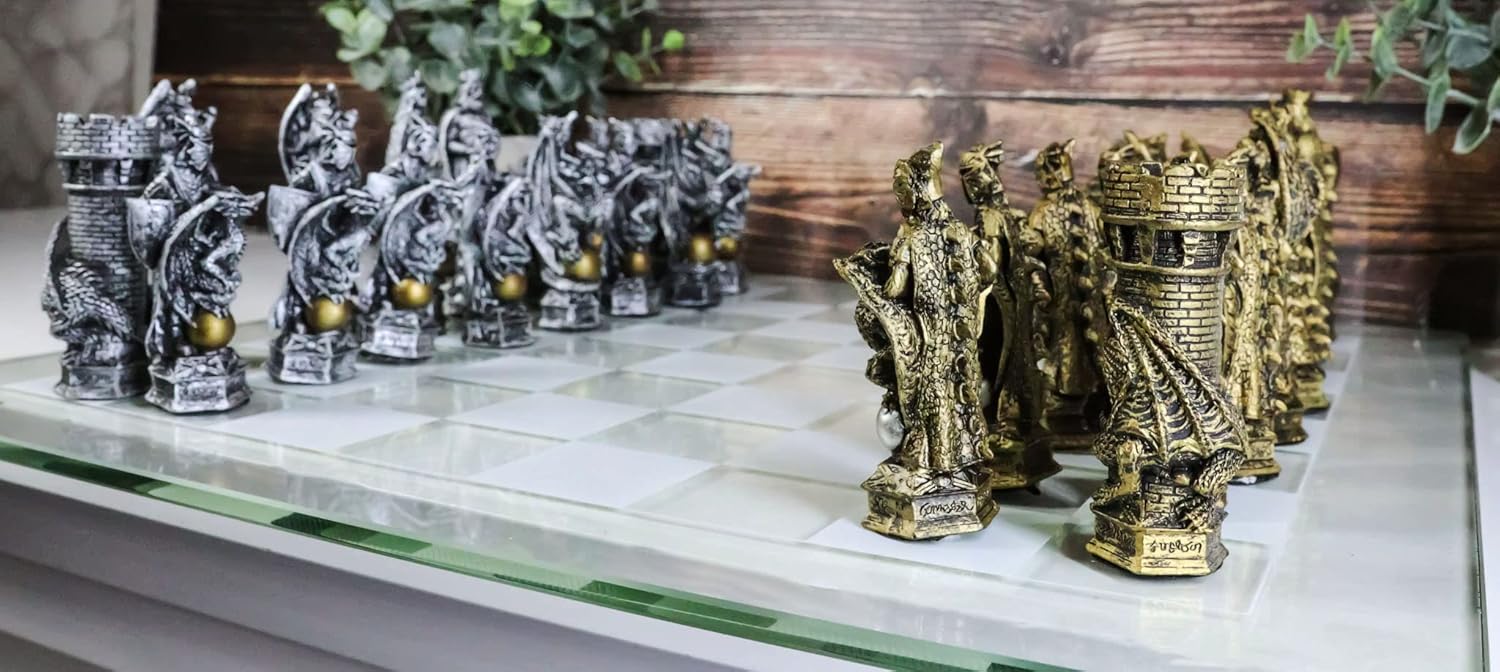 Ebros Gift Silver and Gold Painted Legend of King Arthur Pendagron Merlin Mordred Dragons and Magic Felted Base Resin Chess Pieces with 15" by 15" Frosted Glass Board Set Gaming Board Game Collection