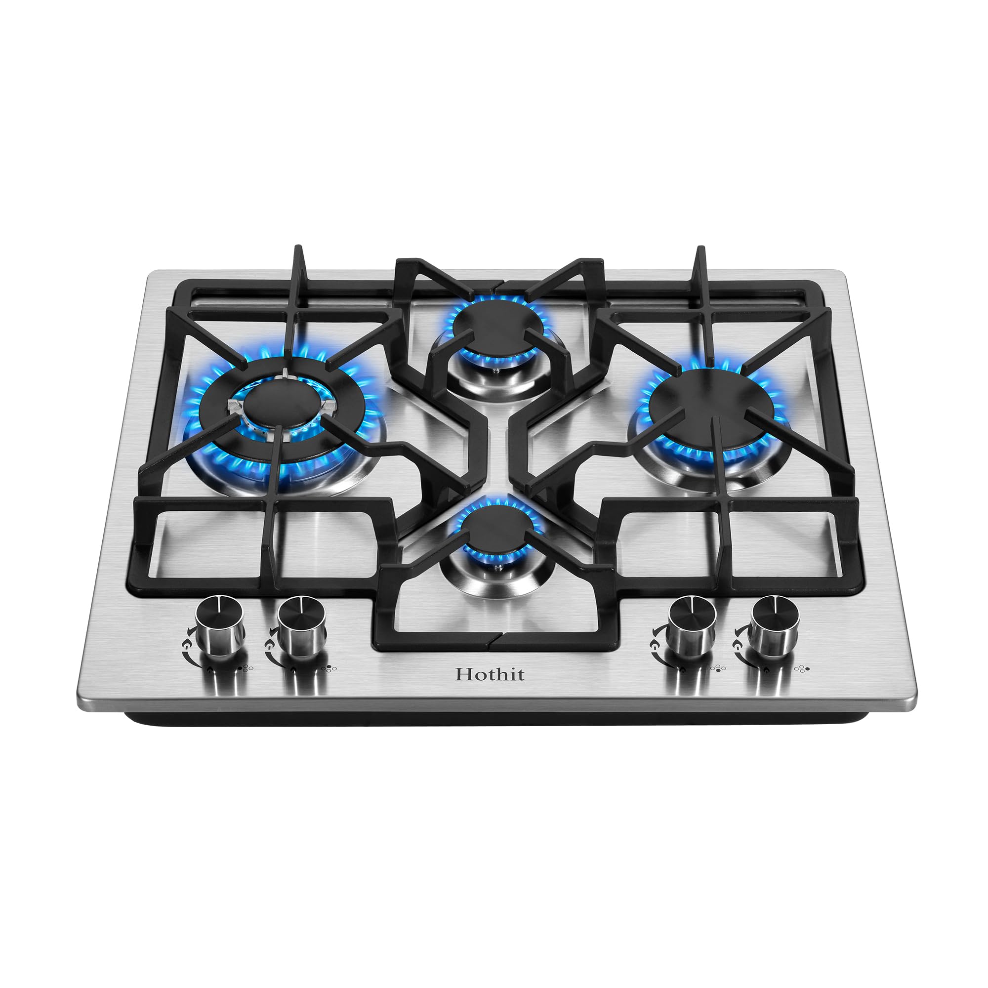 Hothit AHT24IN10S Cooktop with Stainless Steel Top, 4 Powerful Burners including Wok, Cast Iron Grates, Auto Ignition, 8.8KW Heat Output, Metal Knobs, LPG/NG Compatible…