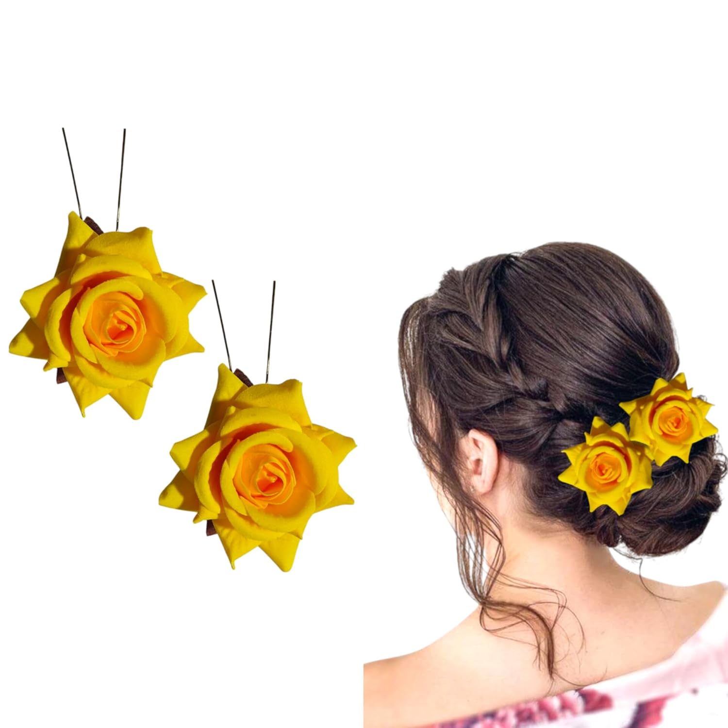 Artificial Rose Juda Pin for Bun, Bridal, Wedding, Traditional Floral Hair Accessories for Women (Pack of 2 Yellow)