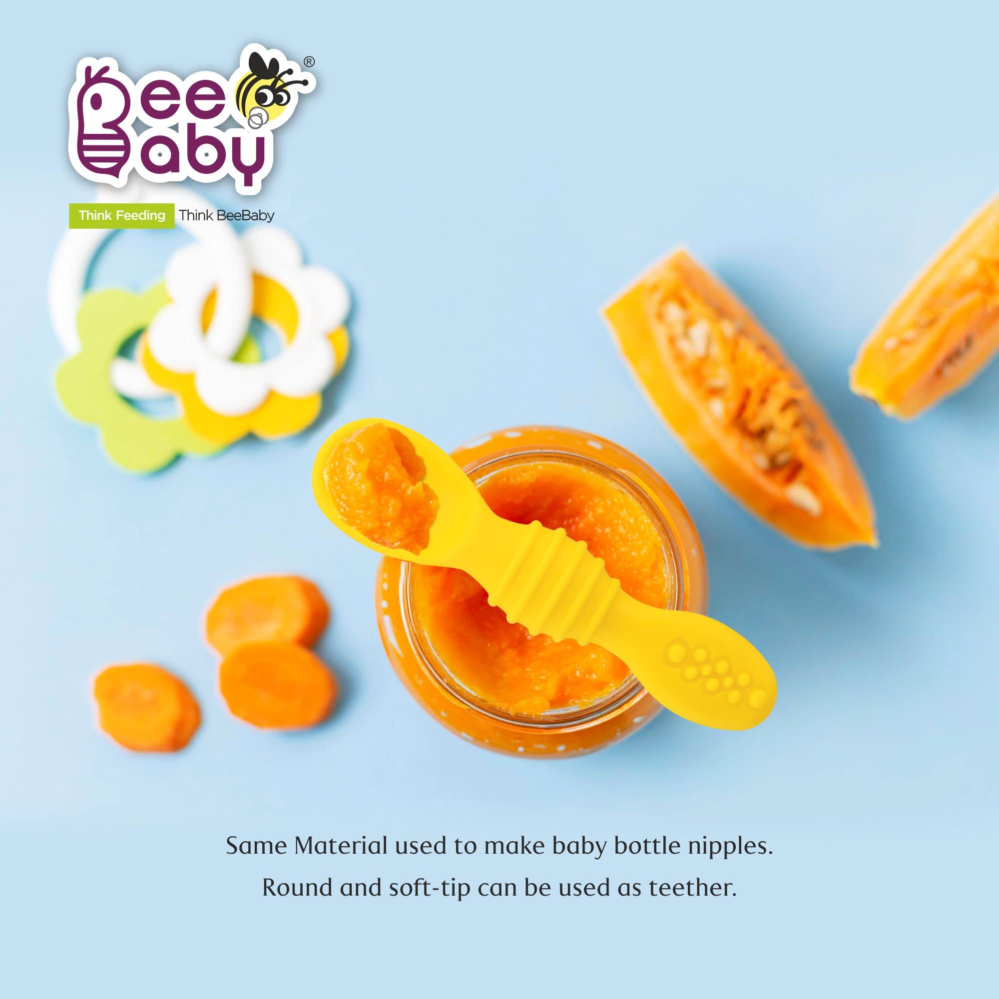 BeeBaby Smushee Silicone Spoon for Baby 6 to 12 Months, Self Feeding Baby Spoon, Soft Silicone Baby Led Weaning Utensils, BPA Free First Stage Weaning Set for Infants, Pack of 2, Yellow 3