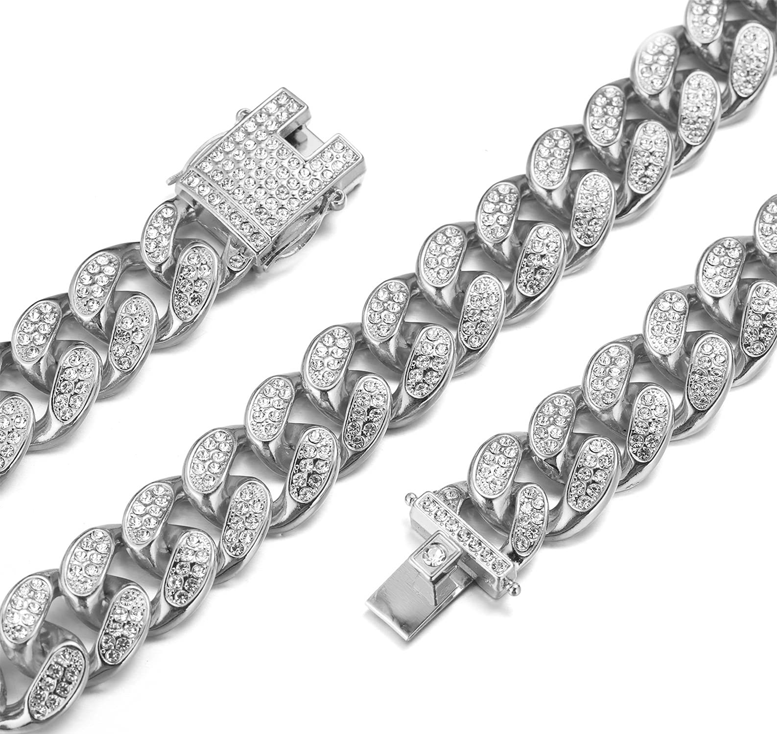 Richhut Gold Chain for Men Guys ?Big Dog? 20MM Wide Cuban Link Chain Silver Tone Iced Out Real White Gold Platinum Plated Necklace Handset Diamonds