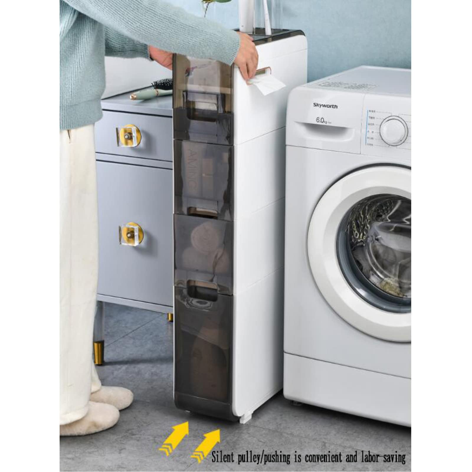 ohfruit Armadietto portaoggetti da bagno sottile a 4 livelli, portaoggetti stretto da bagno, in plastica impermeabile da 18 cm, con cassetti e scatola per fazzoletti per piccoli spazi, quattro strati