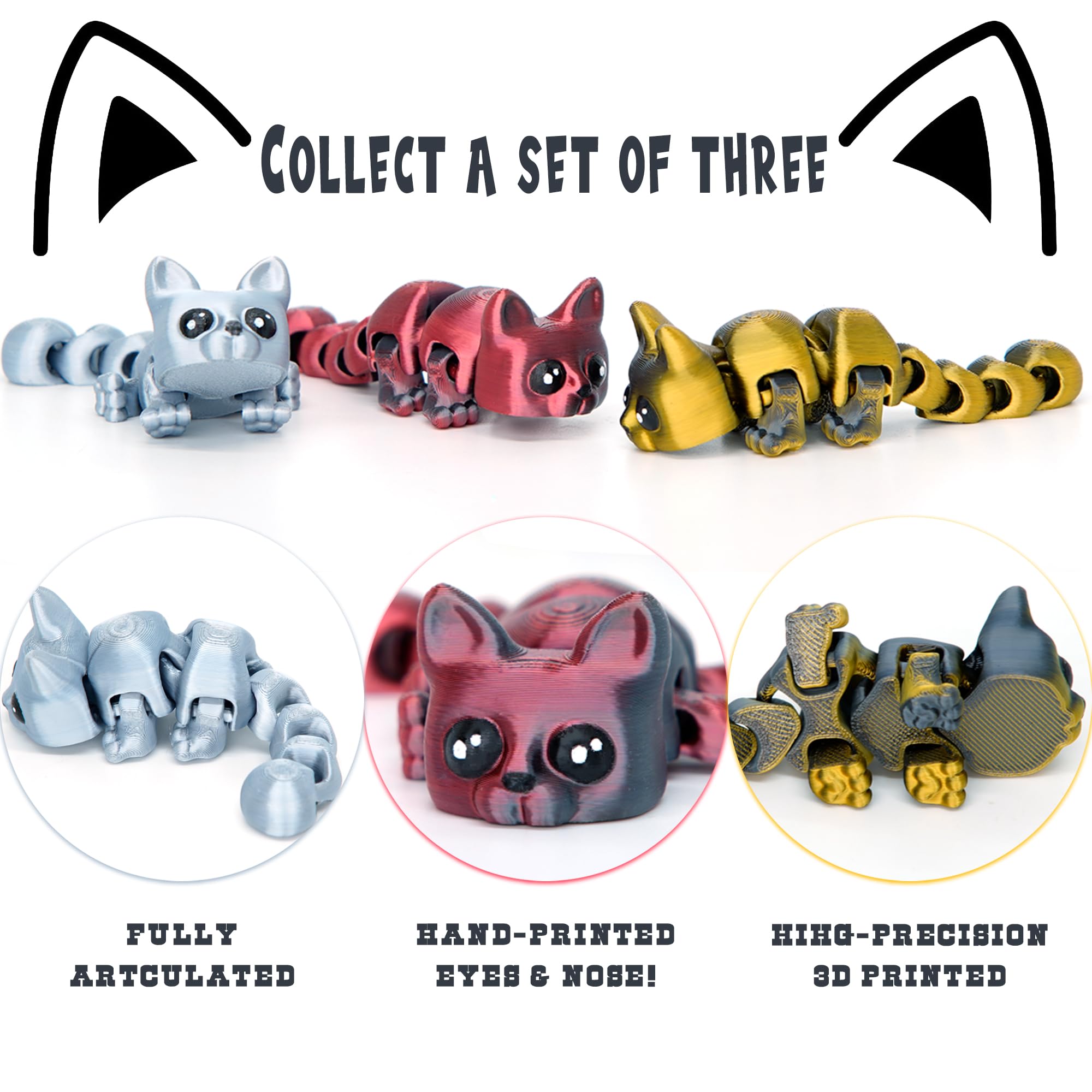 3D Printed Cat Articulated Animals Accessories Art Flexi Cute Stuff, 3 Pcs Gold Red Silver Black Sensory Fidget for Cat Lovers - Image 3