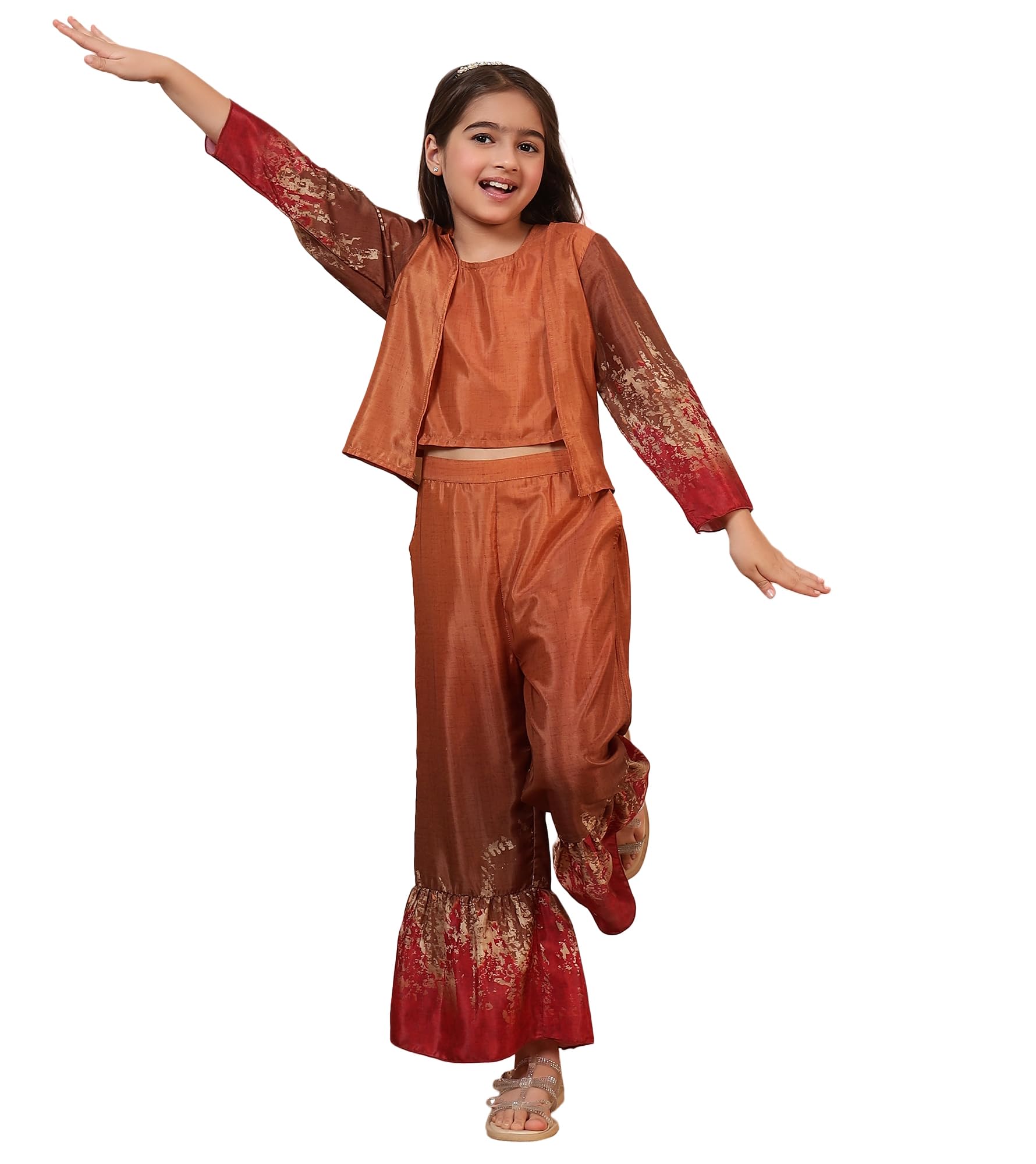Bugandbees Tie Dye Silk Blend Top & Pants With Shrug|Full Sleeves Fusion Wear Relaxed It Co-Ord Set for 3 Years to 13 Years Kids|Festive Casual Wear Latest Collection (BBCO00000356_11-12Y_Mustard)