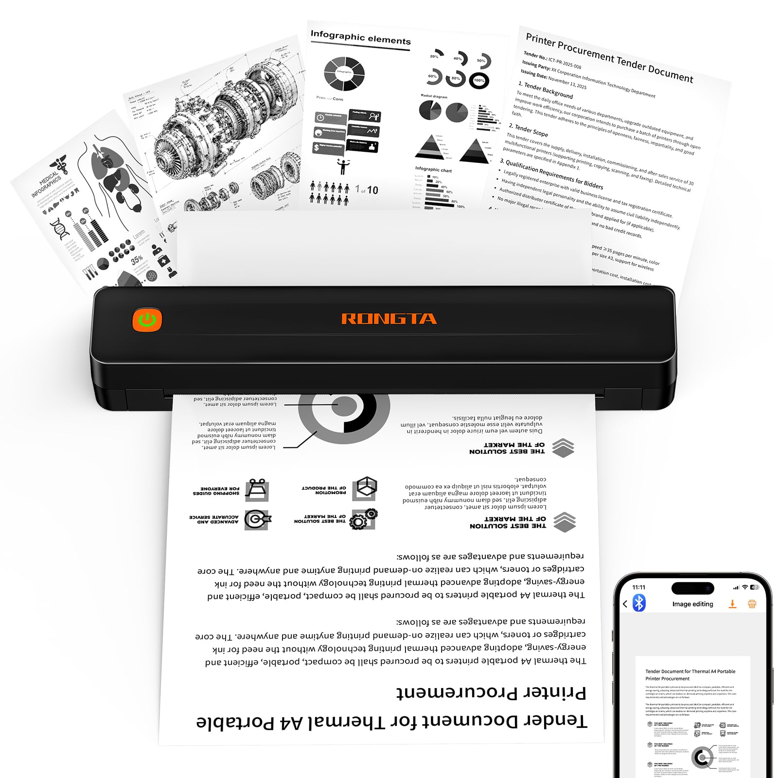 Rongta F11 Impresora térmica portátil inalámbrica para Viajes, Impresora Bluetooth sin Tinta, Compatible con tamaño A4 y Carta de EE. UU., Compatible con teléfonos Android/iOS, Tablet, Mac, Windows
