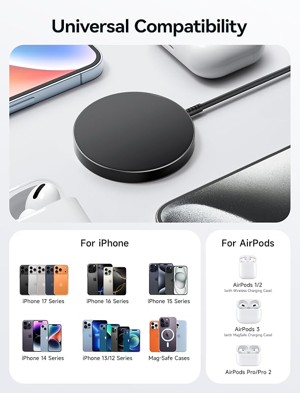 Încărcător magnetic wireless JSAUX MagSafe, negru, compatibil cu seria iPhone 17 Air Pro Max, iPhone 16, 15, 14, 13, 12 și AirPods 3 și