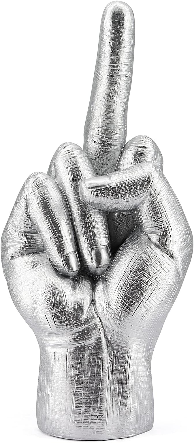 Polyresin Finger Gesture Statue for Home Decor, Hand Sculpture Room Decor Objects Modern Personality Gifts Bedroom Living Room Decor for Women Men Teens (Silver)