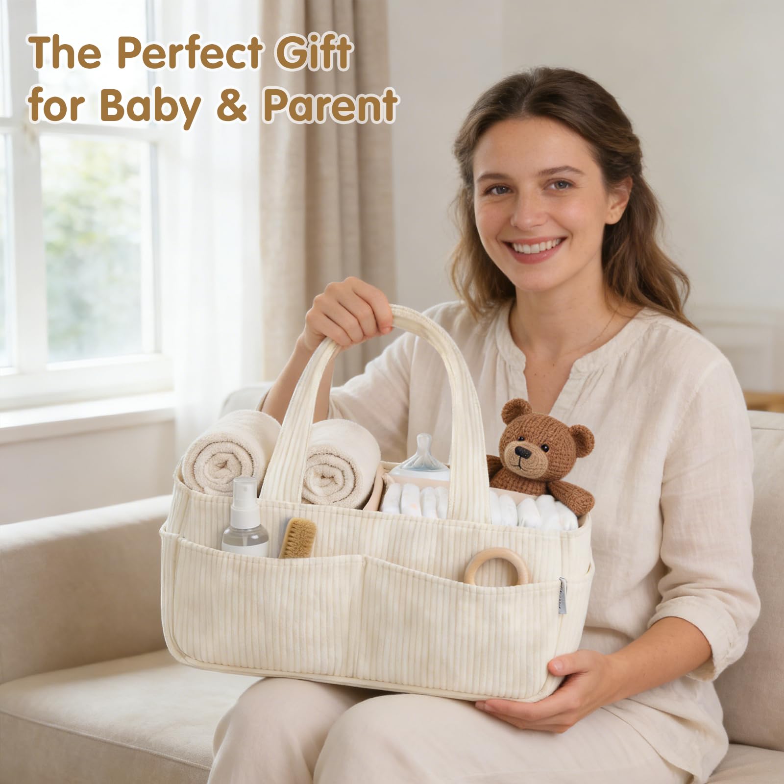 Panier de Rangement Bébé, Organiseur de Couches pour Table à Langer Bebe, Panier Portable de Rangement pour Couches et Lingettes pour Bébé, Cadeau pour Fête Prénatale et Naissance (Beige)