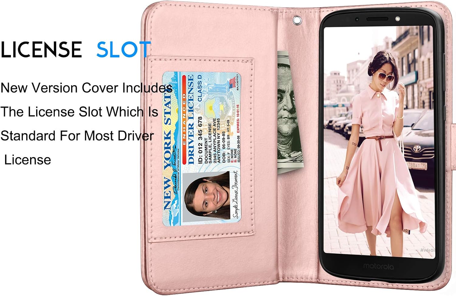 Tekcoo Wallet Case for Moto E5 Plus/Motorola Moto E5 Supra Luxury ID Cash Credit Card Slots Holder Purse Carrying PU Leather Folio Flip Cover [Detachable Magnetic Hard Case] & Kickstand - Rose Gold
