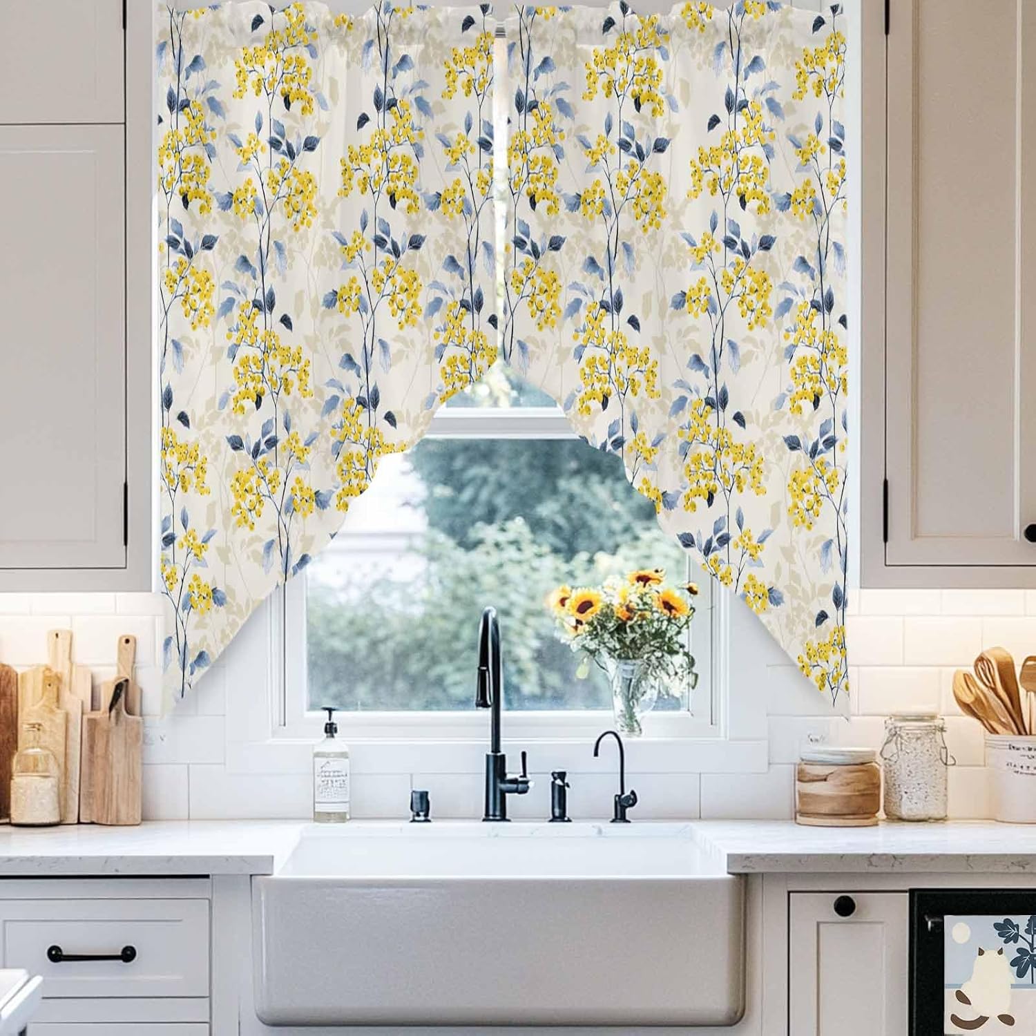 YOKOU Swag Curtains, Blue Leaves Yellow Berries Floral Summer Farm Plant Print Kitchen Curtains Valance Tiers for Small Window Bedroom Bathroom, Rod Pocket 2 Panel, 36"x36"