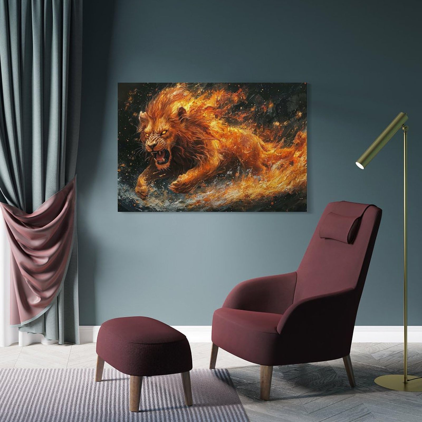 Junmoney Fiery Lion Home Decor Wall Art, 24x36inch(60x90cm), for Flats, Guest Rooms Or Compact Rooms, Stylish Wall Art for Fresh Spaces