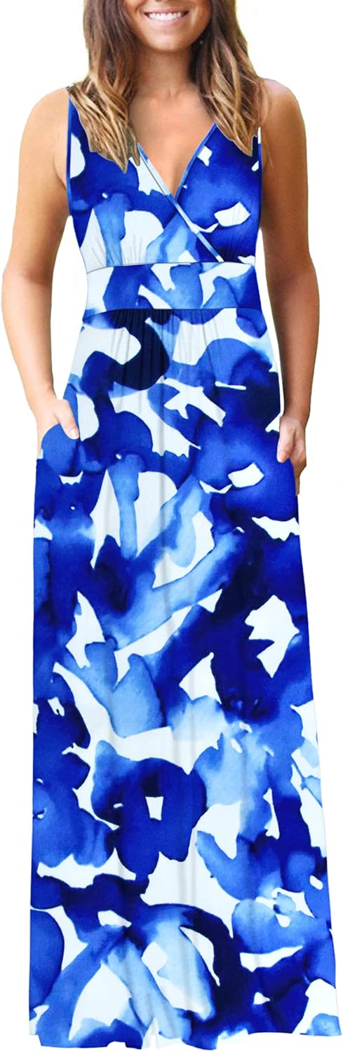 AUSELILY Women's Sleeveless Formal Dress Deep V Neck Loose Plain Cocktail Long Maxi Dresses with Pockets 2026 New