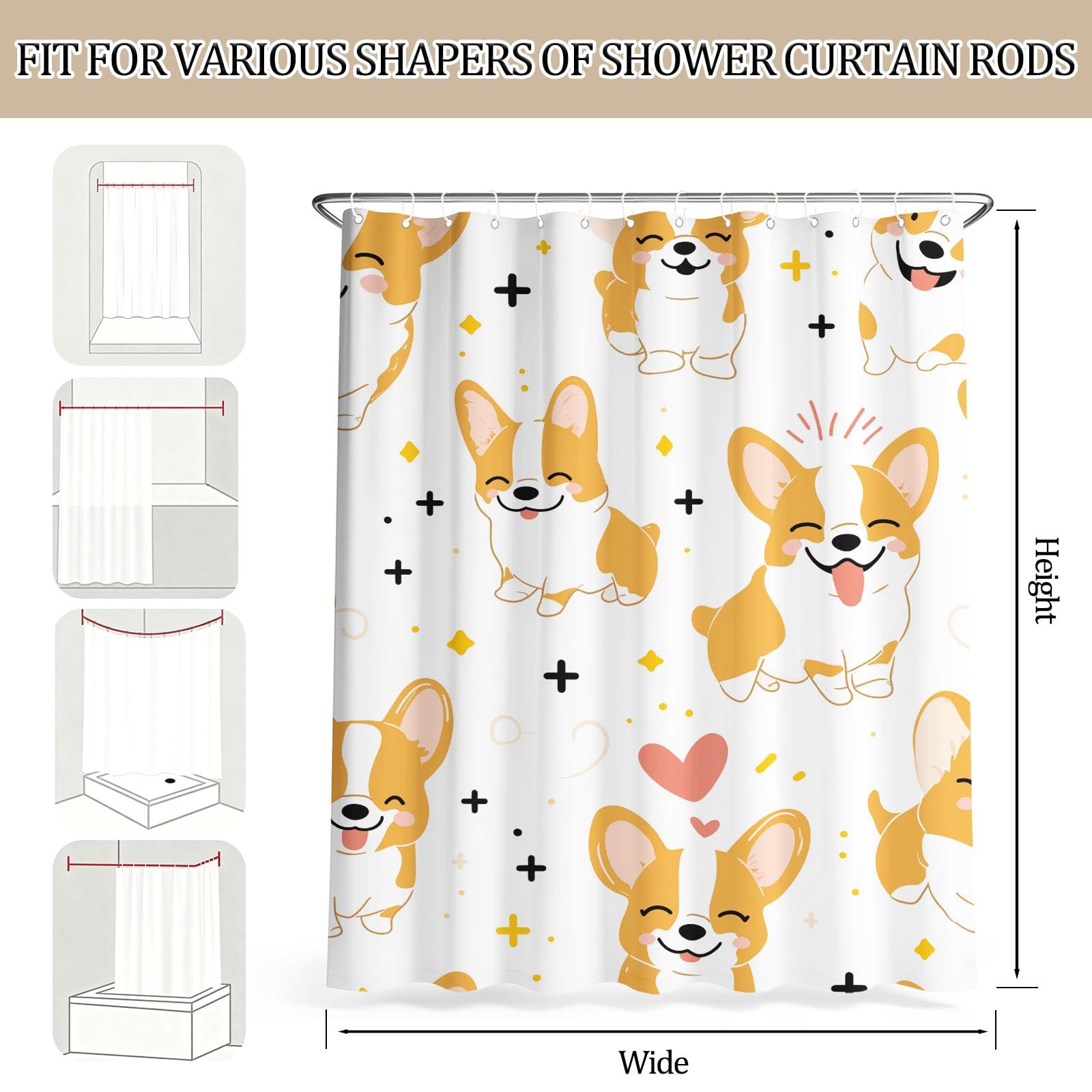 Urocza zasłona prysznicowa dla zwierząt domowych, 120 x 200 cm, kreskówkowe Corgi, serce, zasłony do wanny, biała, wodoodporna, odporna na pleśń, zasłony łazienkowe do dekoracji łazienki, z haczykami