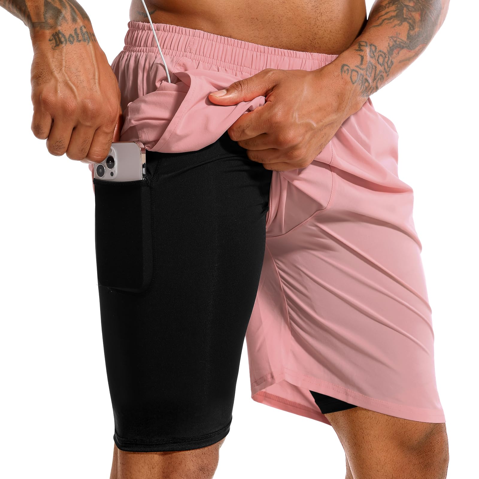 TENJOY Men's 2 in 1 Running Shorts 7" Quick Dry Gym Athletic Workout Shorts for Men with Phone Pockets Light Pink