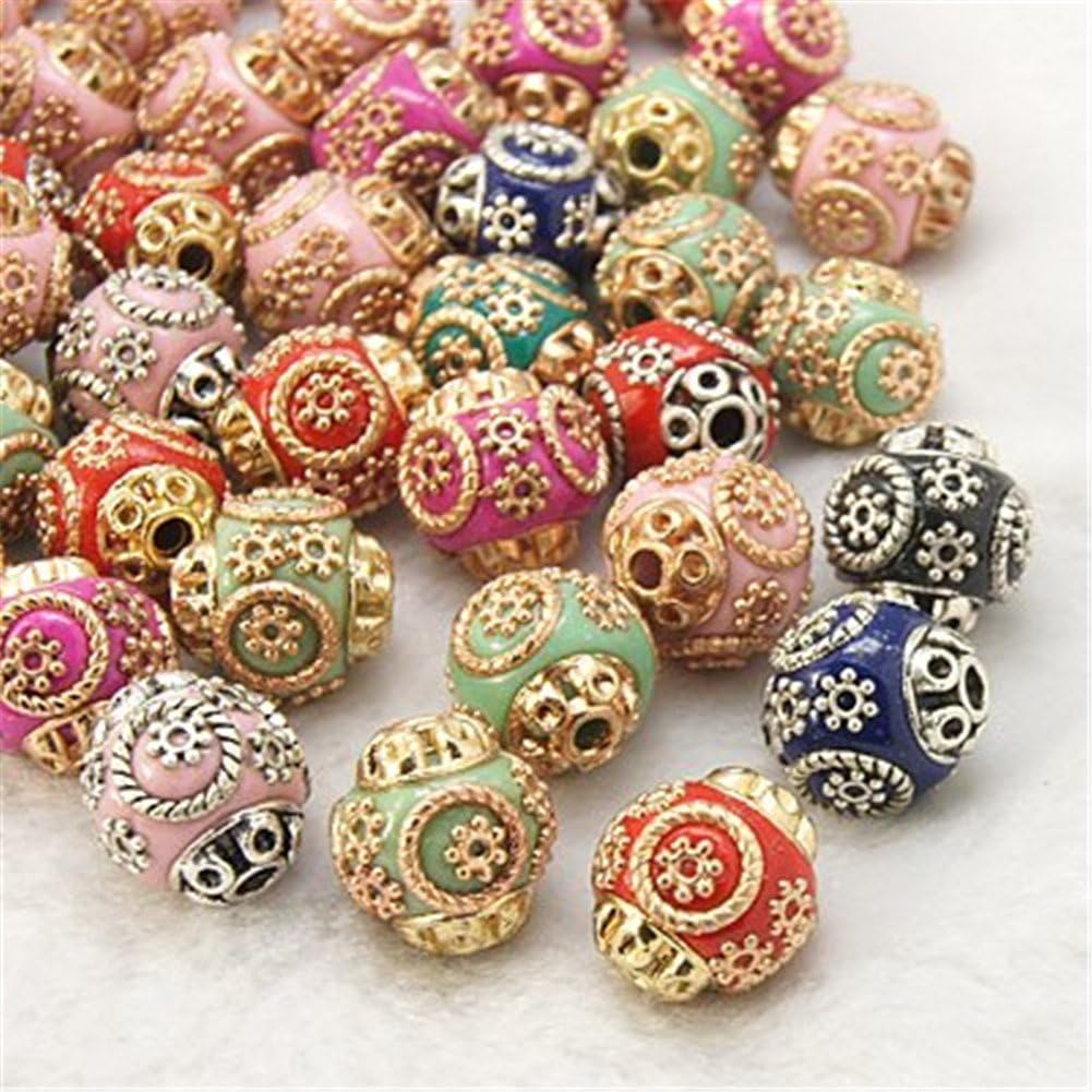 Pandahall 100pcs Golden Round Handmade Indonesia Beads with Floral Capped Ends Colorful with Alloy Cores for Jewelry Makings