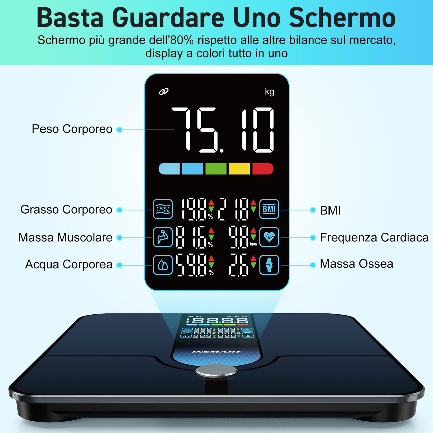 Bilancia Intelligente INSMART Per Il Peso Corporeo, Bilancia Per Grasso Corporeo Con Ampio Display, Bilancia Da Bagno Bluetooth Ad Alta Precisione Da 227 Kg/500 Libbre 30x30 Cm, Può Misurare 18 Dati