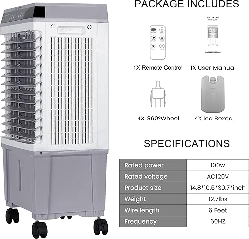 Miniatura 9 de Enfriador de pantano, enfriador de aire evaporativo de 1800 CFM portátil con tanque de agua de 5.3 galones, oscilación ancha de 120, 4 paquetes de