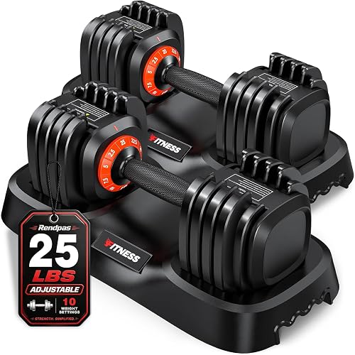 Rendpas Adjustable Dumbbell Set for Home Gym Strength Training | 25/55/80LB Pair, 10-in-1/16-in-1 Weight Set, 1-Sec Quick Adjust, Non-Slip Knurled Grip, Dual-Lock Safety, Space-Saving Tray - 25LBS Pair-10 Weights