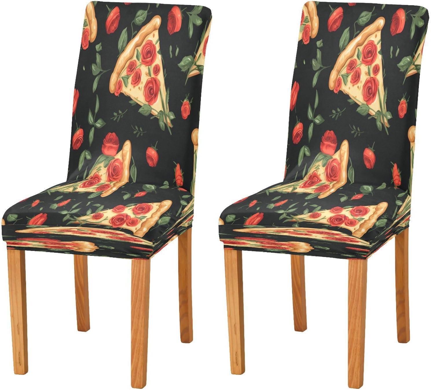 ALAZA Dining Room Chair Covers, Pizza Slice Rose on Black Stretch Chair Slipcovers Protector Removable Washable for Dining Room, Ktichen, Party