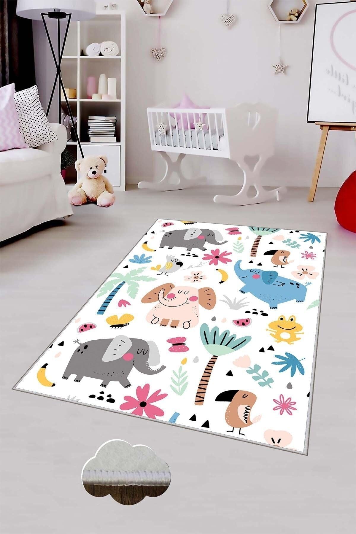 Pelangi Beyaz Sevimli Hayvanlar Desenli Yıkanabilir Kaymaz Taban Leke Tutmazbebek Ve Çocuk Odası Halısı, Beyaz-Gri 120 x 160, 901357047120160