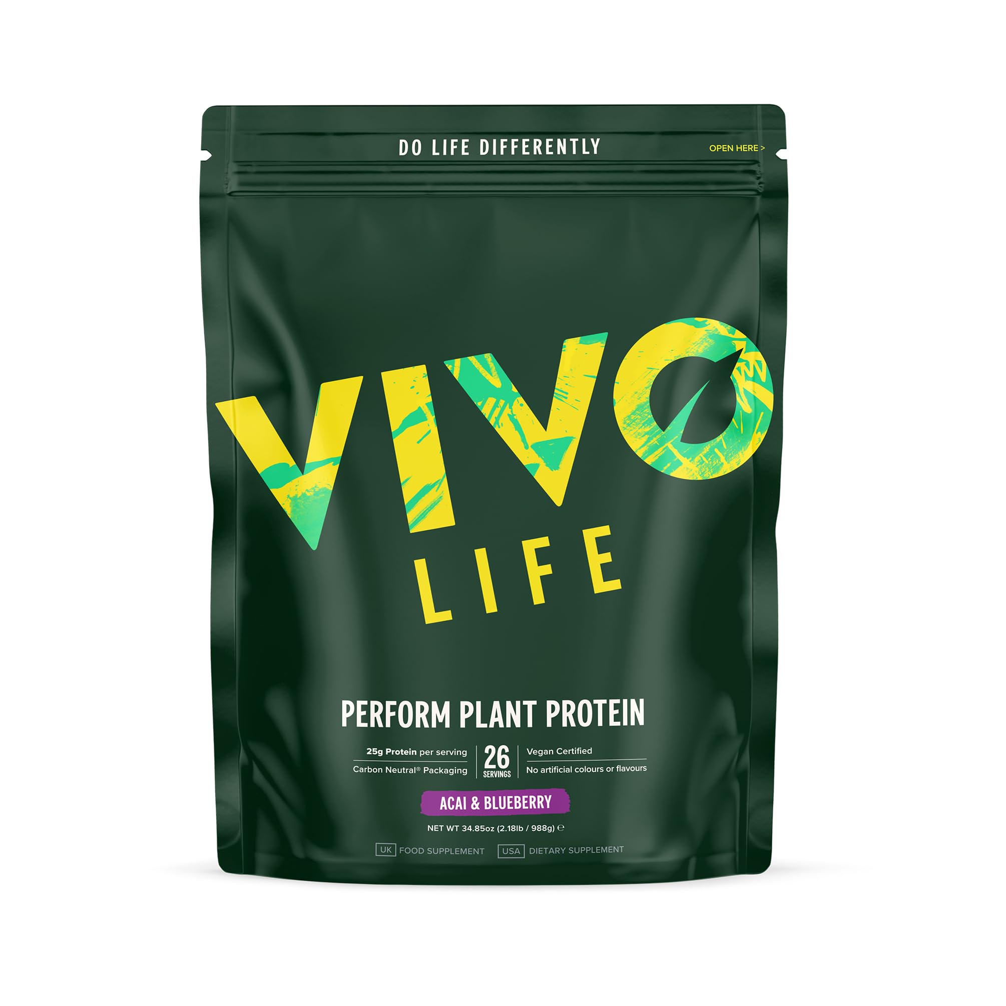 Vivo Life PERFORM - Pflanzliches Proteinpulver mit BCAA – Acai & Blaubeere, 988 g