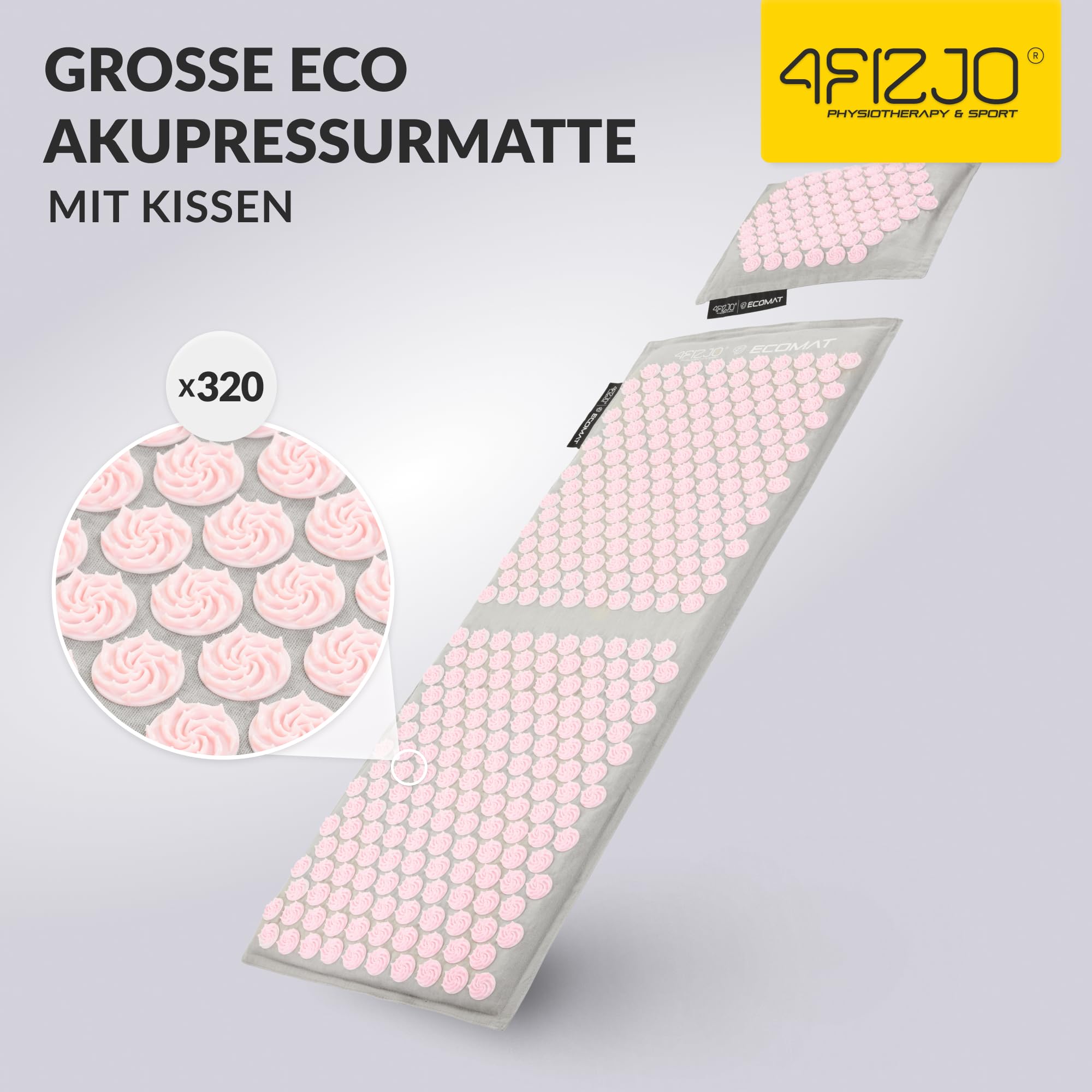 4FIZJO Akupressurmatte & Kissen ECO XL, 110x42x2 cm, mit Tragetasche, Umweltfreundliche Materialien, 9750 Stacheln, Massagematte für bessere Durchblutung, Muskeln Entspannung, Farbe: Grau und Rosa