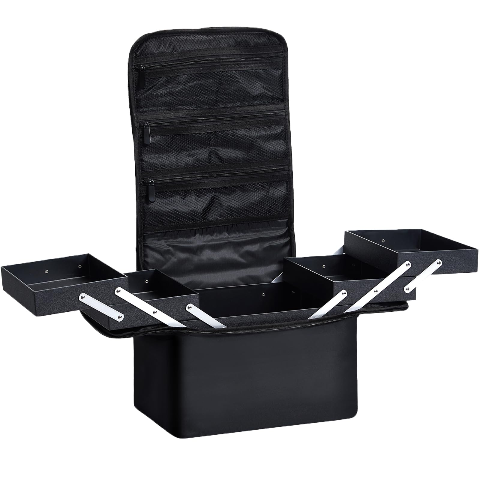 Valigetta porta Trucchi Professionale Borsa porta trucchi da Viaggio Makeup Case Tessuto Oxford Borsa per Cosmetic Grande con Tracolla y 4 Vassoi Beauty Case Organizzatore Valigetta Unghie,Nero